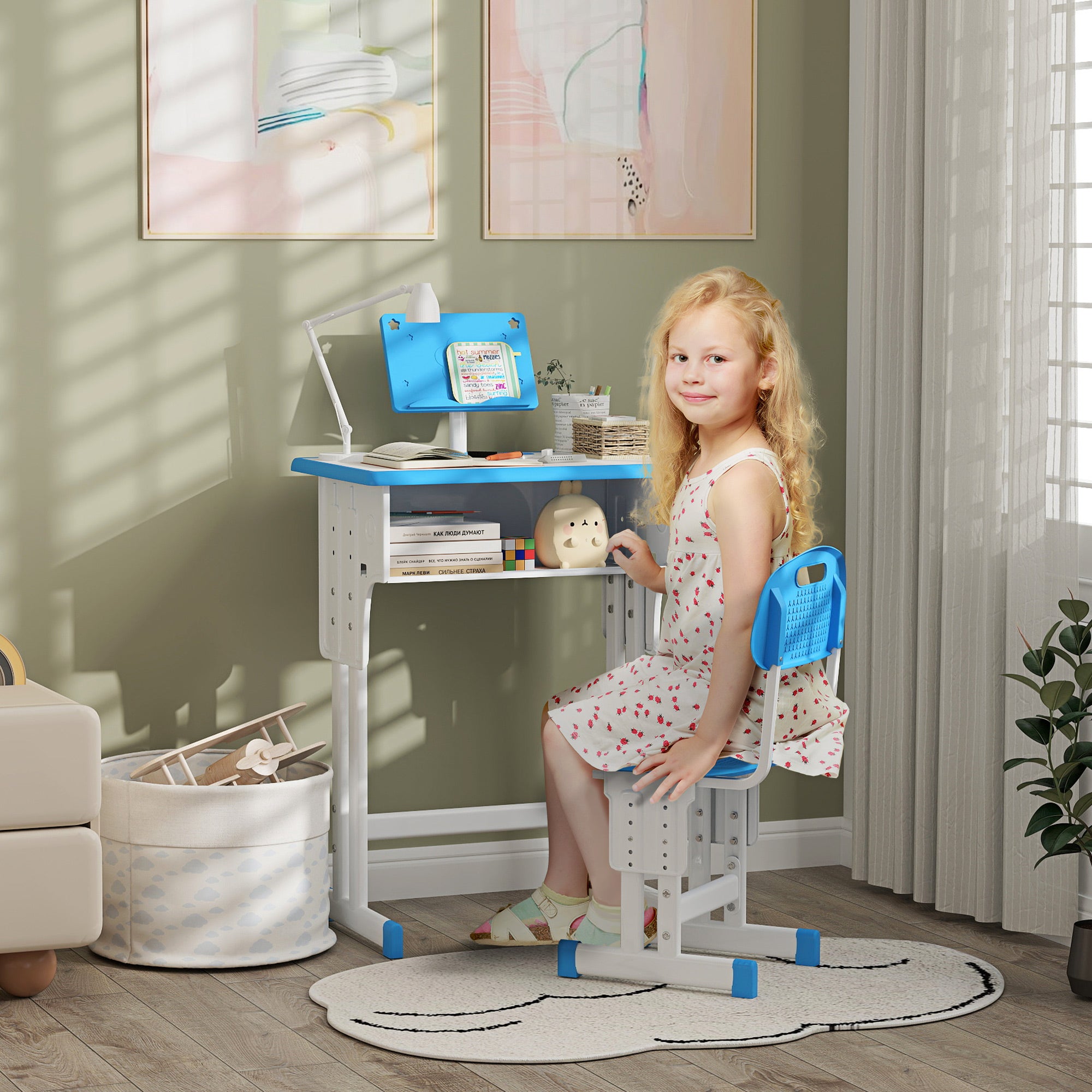 HOMCOM Kids Adjustable Desk and Chair Set, Book Stand, Pen Slot - Blue - North Peak Garden Furniture