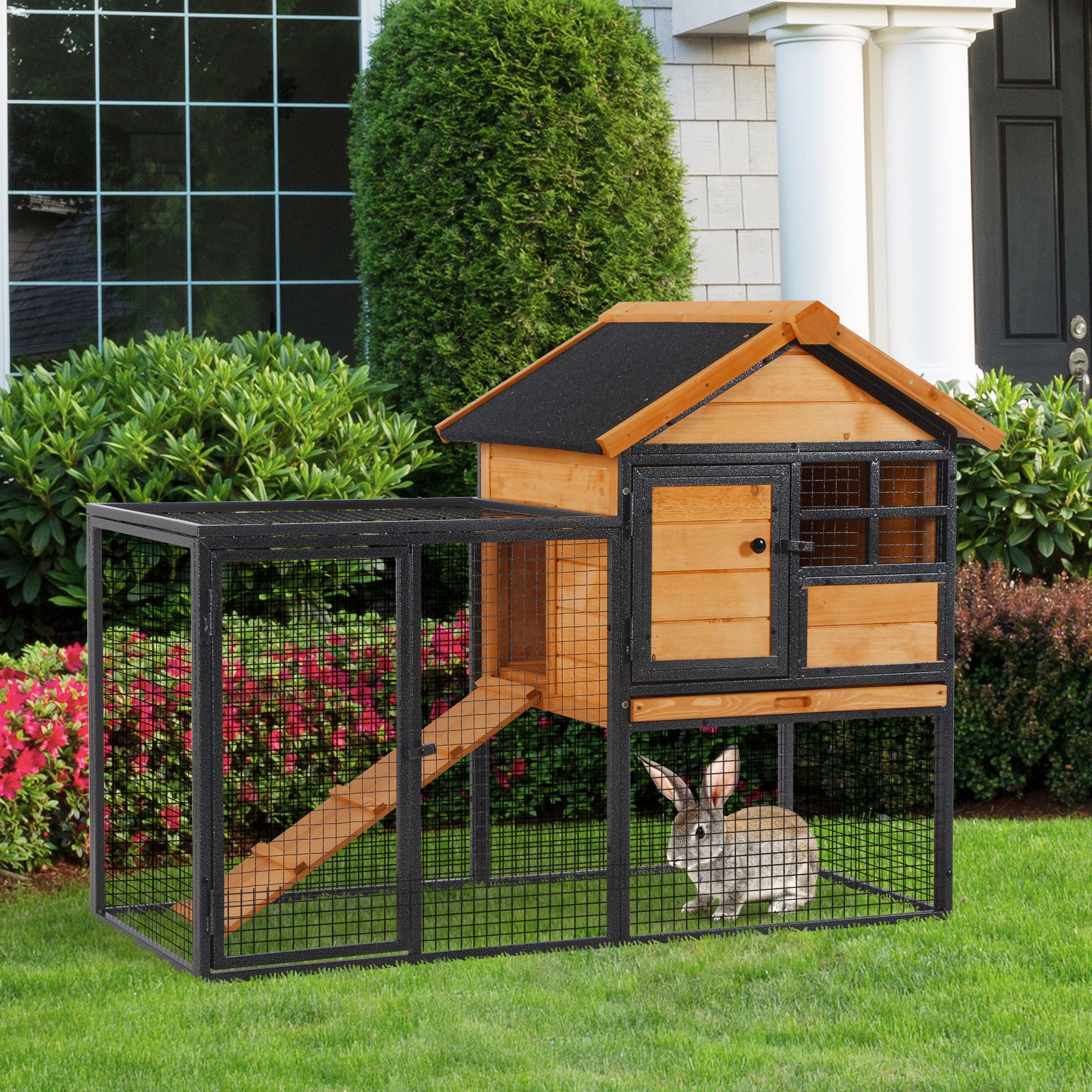 PawHut Rabbit Hutch Guinea Pig Hutch Wood-metal Elevated Guinea Pig House Pet Bunny Cage for Outdoor 122 x 63 x 92cm Light Yellow - North Peak Garden Furniture