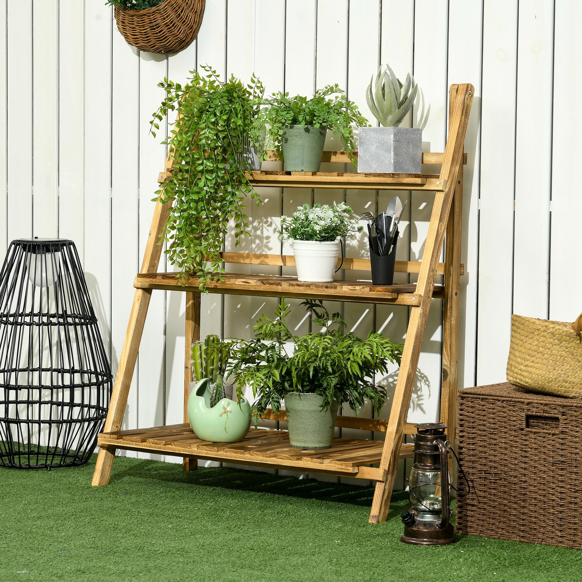 Outsunny Wooden Folding Flower Pot Stand 3 Tier Garden Planter Display Ladder Gardener Storage Shelves Rack Herb Holder (80L x 37W x 93H cm) - North Peak Garden Furniture