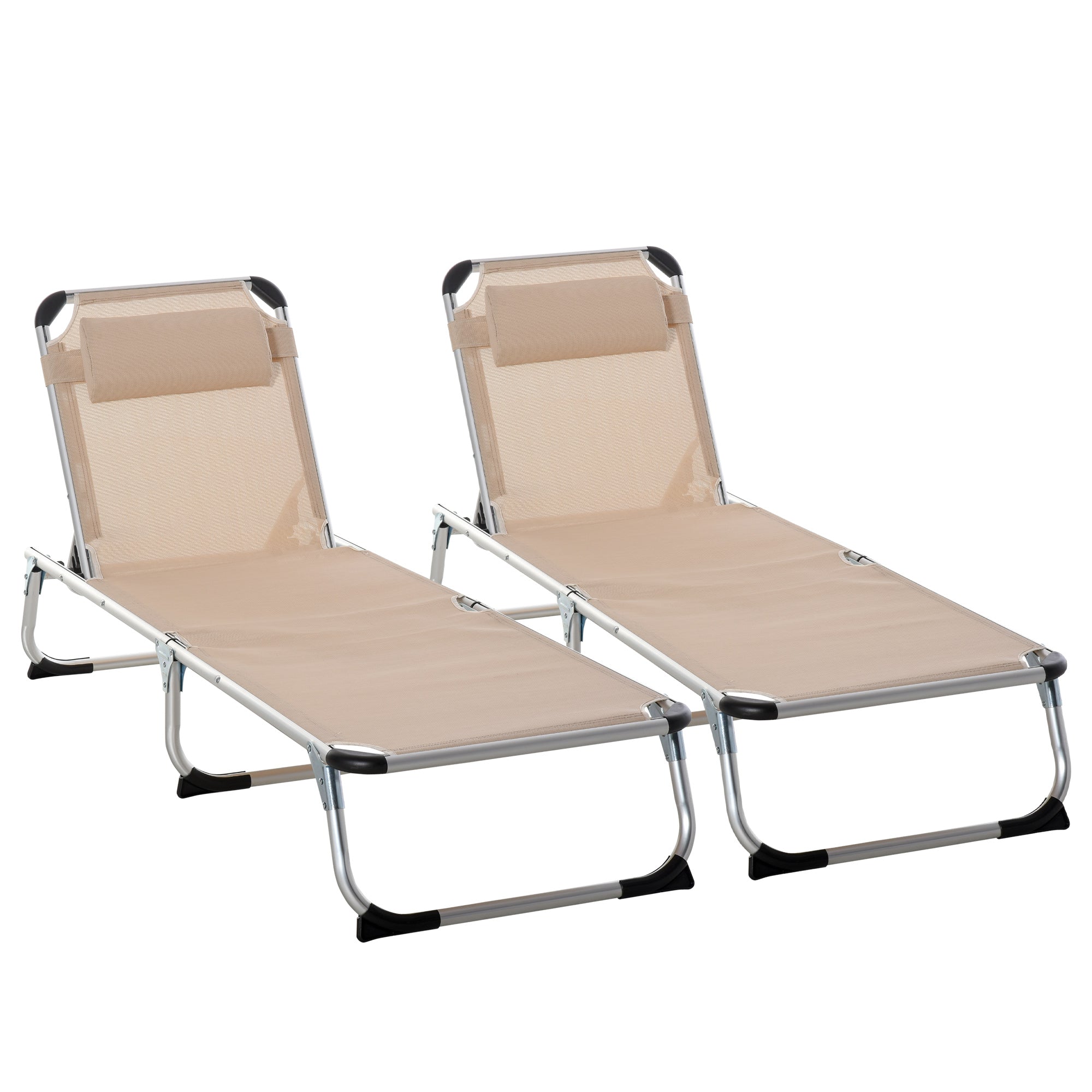 Outsunny 2 Pieces Foldable Outdoor Sun Lounger with Pillow, 5-Level Adjustable Reclining Lounge Chair, Aluminium Frame Camping Bed Cot, Khaki - North Peak Garden Furniture