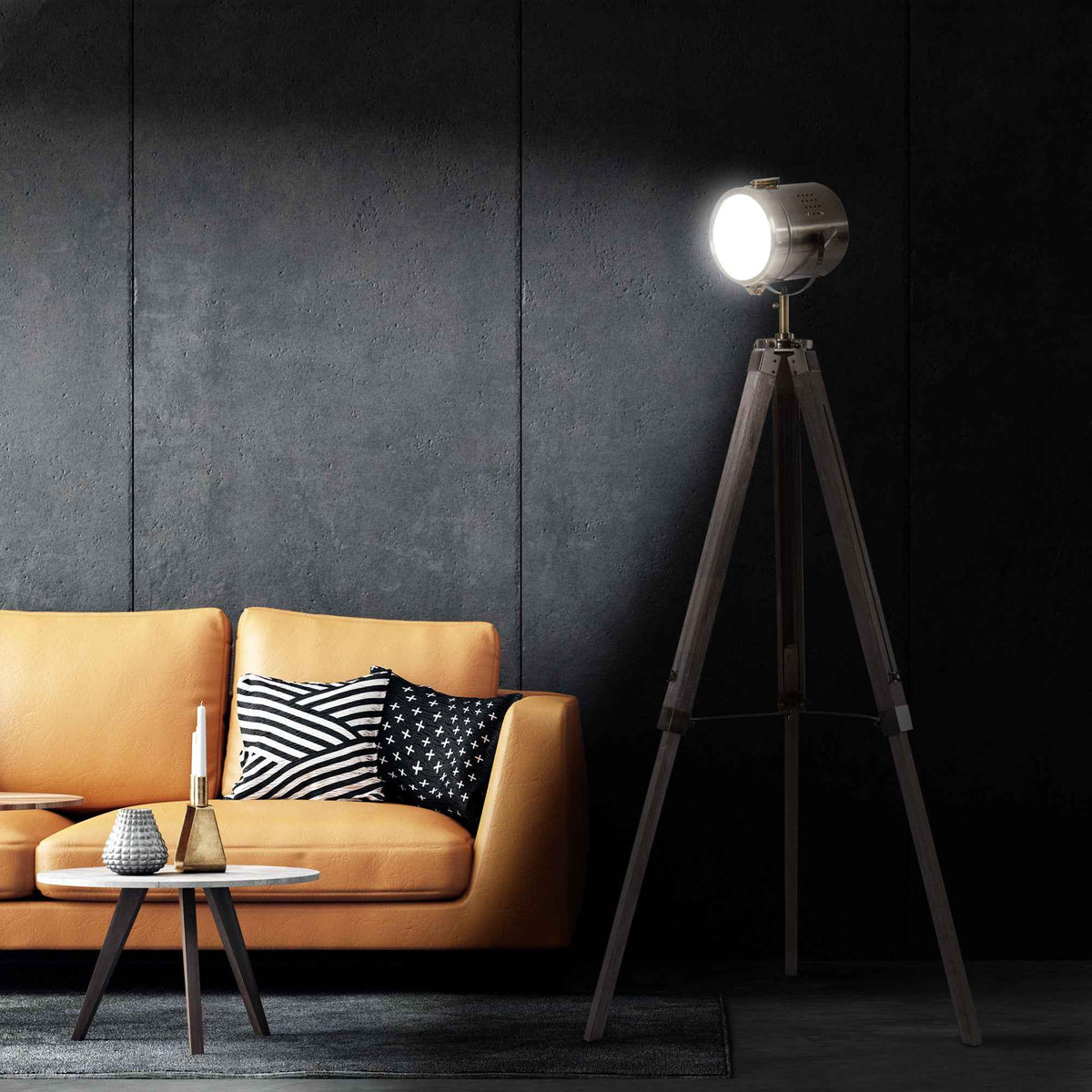 HOMCOM Industrial Tripod Floor Lamp, Nautical Searchlight with Adjustable Height, Wood Legs, E12 Lamp Base for Living Room, Bedroom, Grey and Bronze