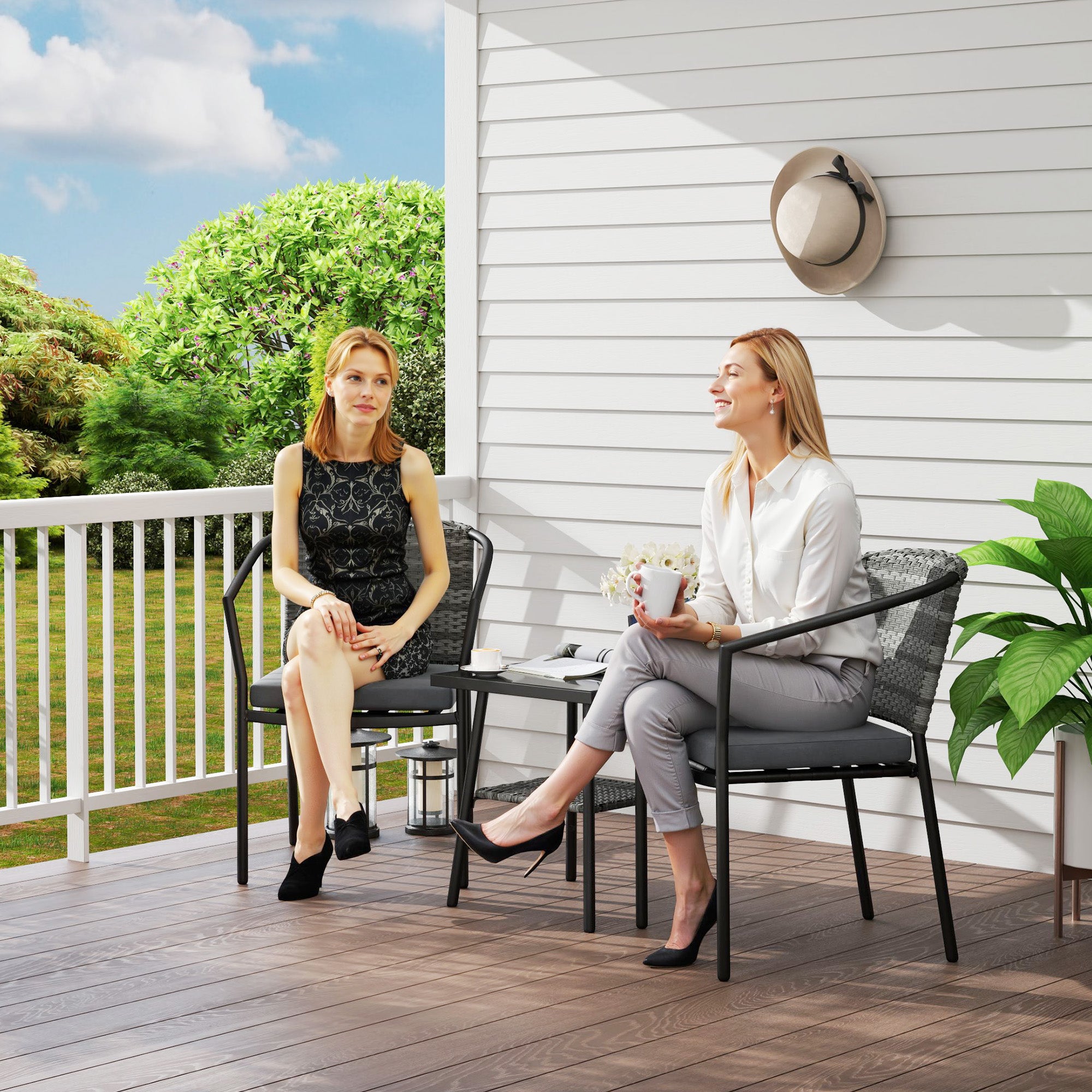 Outsunny 3 Pieces Rattan Bistro Set with Cushions, Wicker Garden Furniture Set, Glass Top Coffee Table and Chairs for Outdoor Patio, Balcony, Terrace and Conservatory, Grey - North Peak Garden Furniture