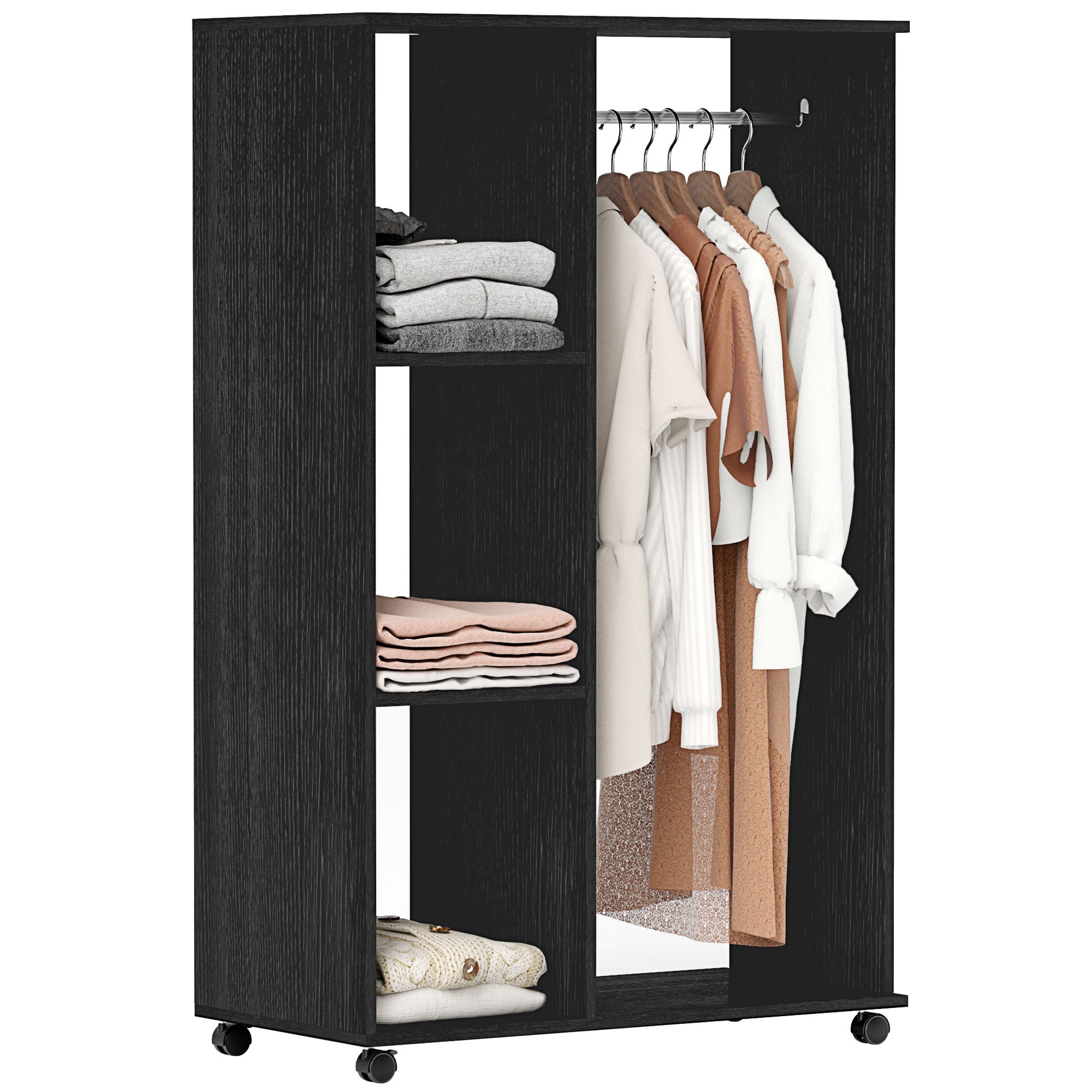 HOMCOM Open Wardrobe on Wheels with Clothes Rail, Bedroom Clothes Storage with Hanging Rod, 3 Storage Shelves, Mobile Garment Rack for Cloakroom, Hallway, Black - North Peak Garden Furniture