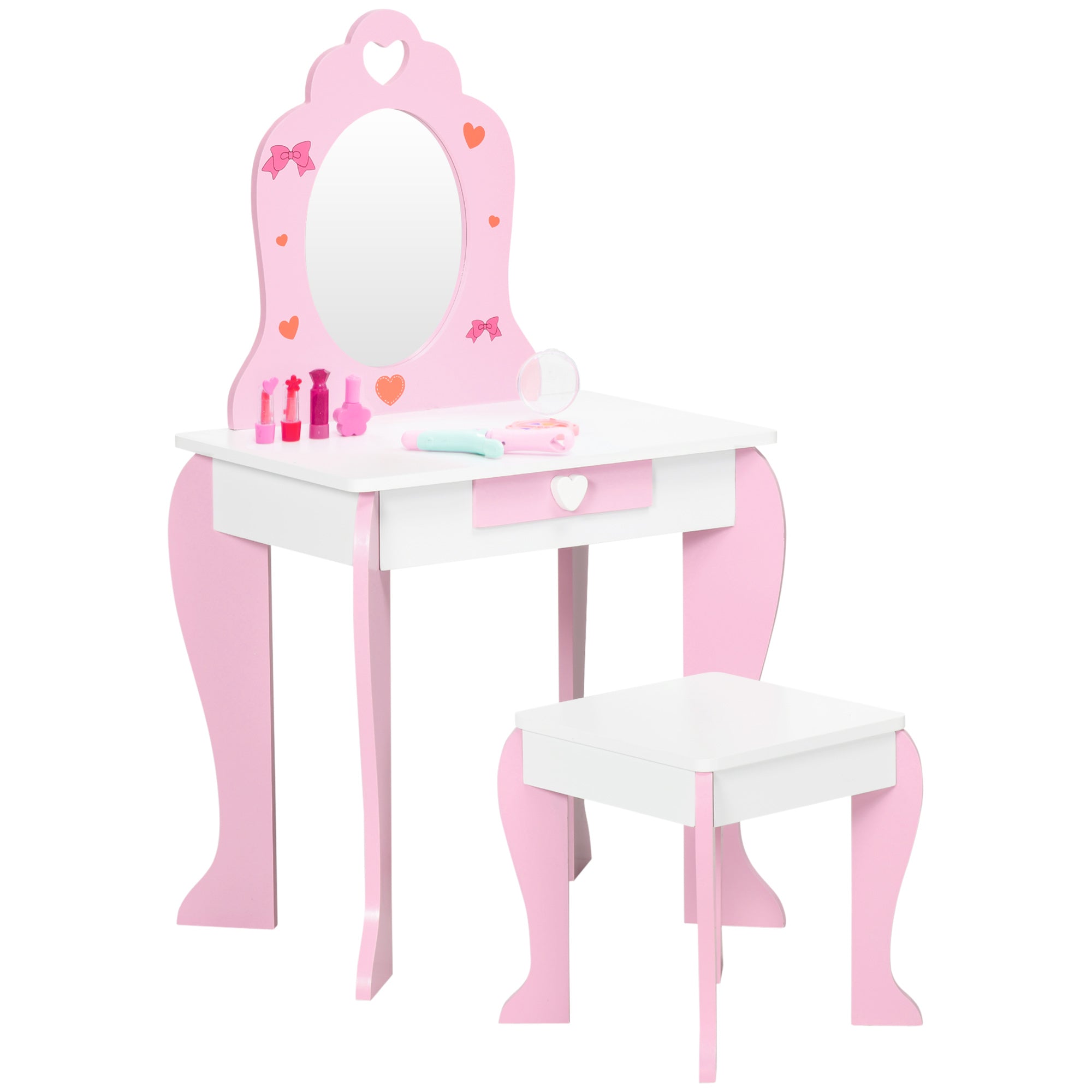 ZONEKIZ Kids Dressing table Set w/ Mirror, Stool, Drawer, Cute Patterns, for Ages 3-6 Years - Pink - North Peak Garden Furniture