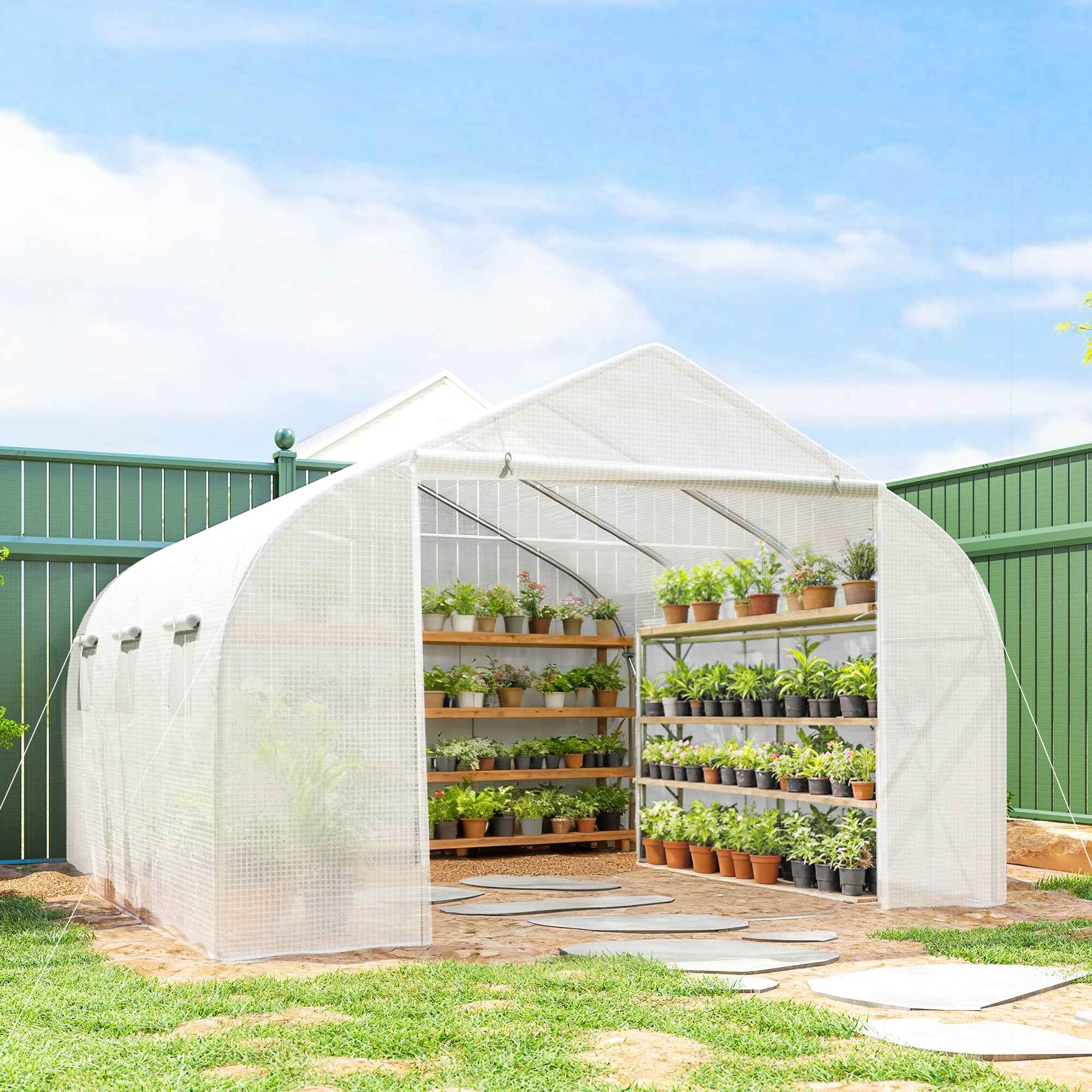 Outsunny Walk-In Polytunnel Greenhouse Warm House Garden Tunnel Shelter Plant Shed with Door and Windows, Galvanised Steel Frame, 3.5 x 3 x 2m, White