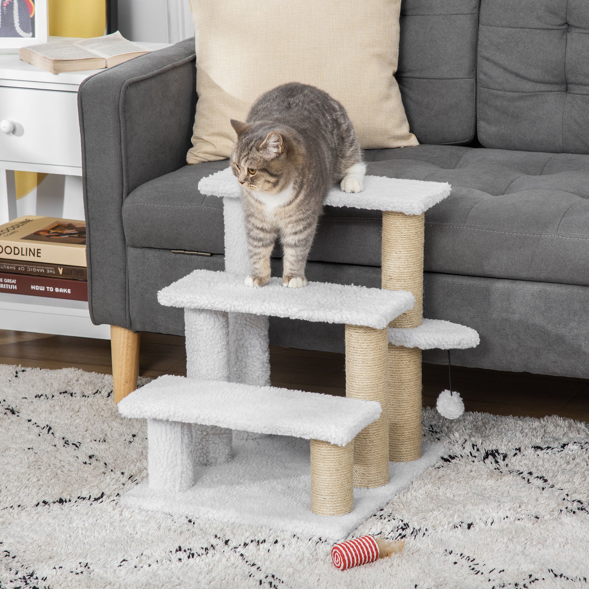 PawHut Pet Stair with 3-step Climb Ladder, Scratching Posts, Platforms, Toy Ball, for Indoor Elderly Cats Kittens, White - North Peak Garden Furniture