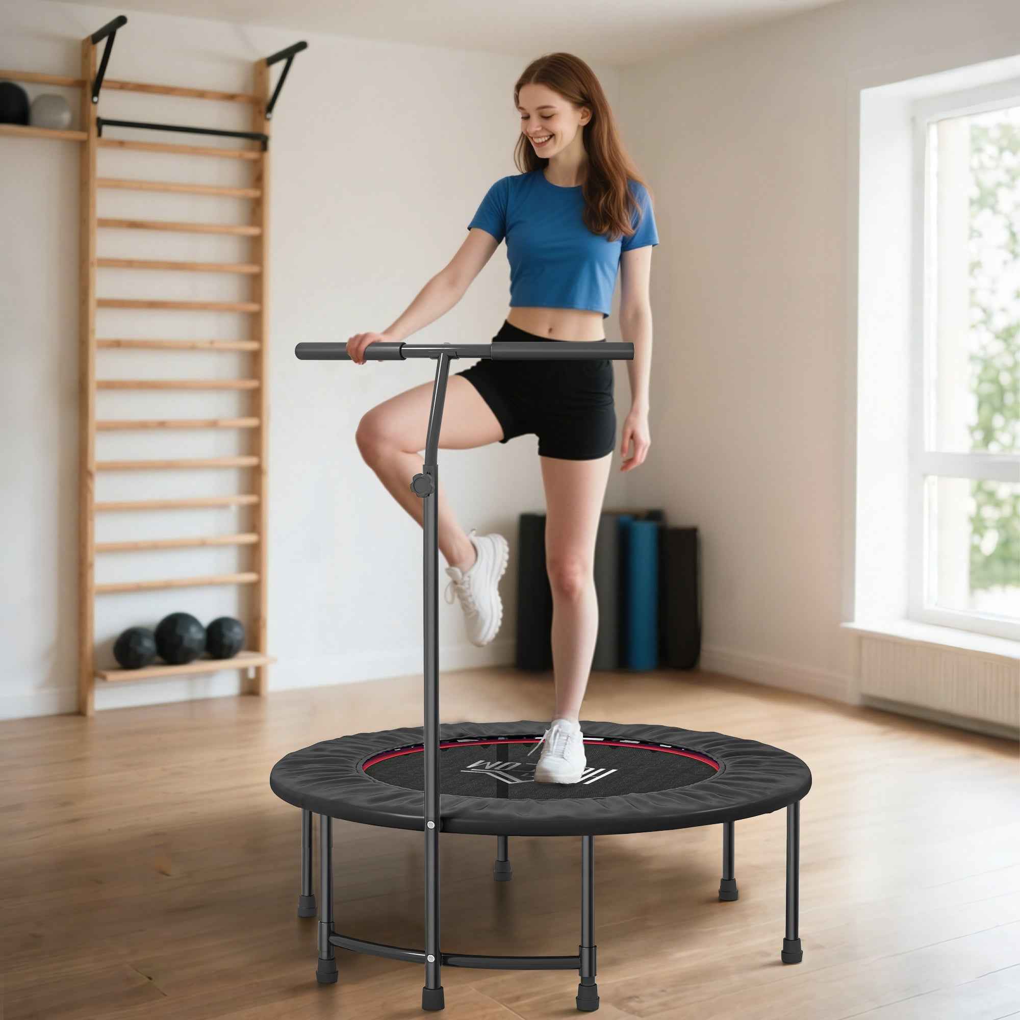 HOMCOM 40'' Fitness Trampoline with Adjustable Handle, Rebounder Trampoline Mini Jumper for Indoor Exercise Workout, Support Up to 100kg, Black