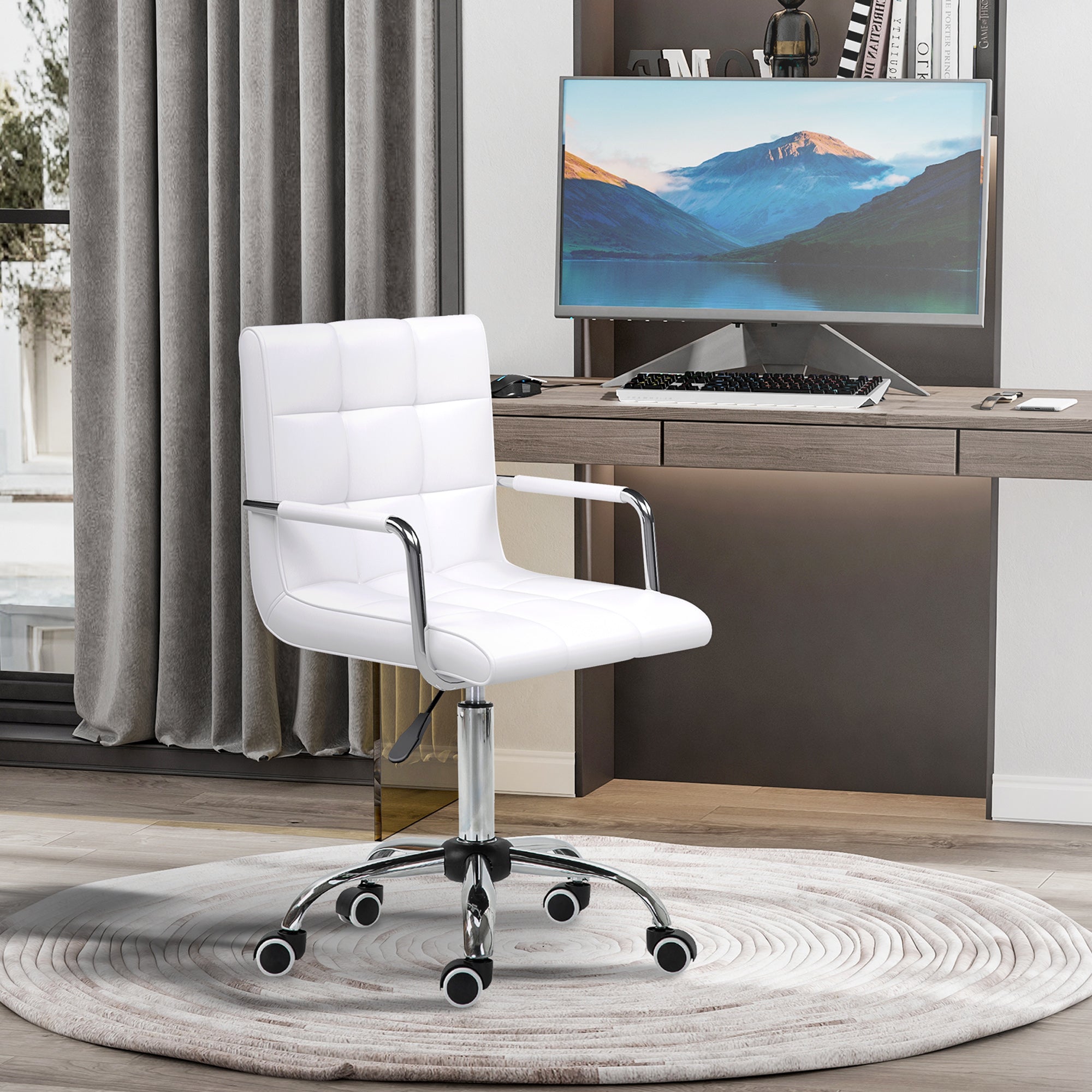 Vinsetto Office Chair, Makeup Vanity Chair, Mid Back Computer Chair, PU Leather Swivel Study Chair with Adjustable Height, Armrest and Rolling Wheels, White - North Peak Garden Furniture