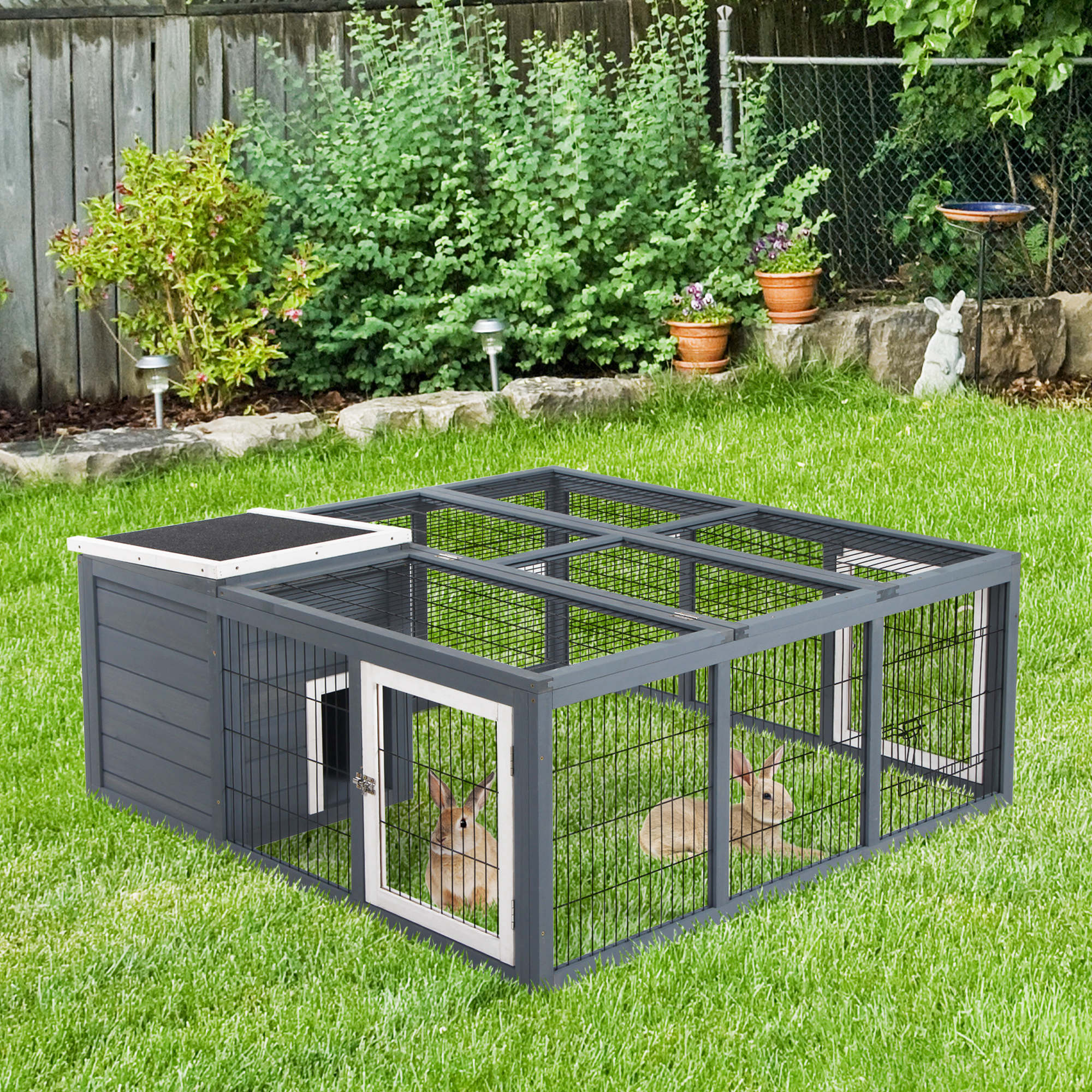 PawHut Rabbit Hutch Outdoor, Guinea Pig House, Bunny Run Cage with Openable Top for 1-2 Rabbits, 123 x 120 x 52cm, Grey - North Peak Garden Furniture