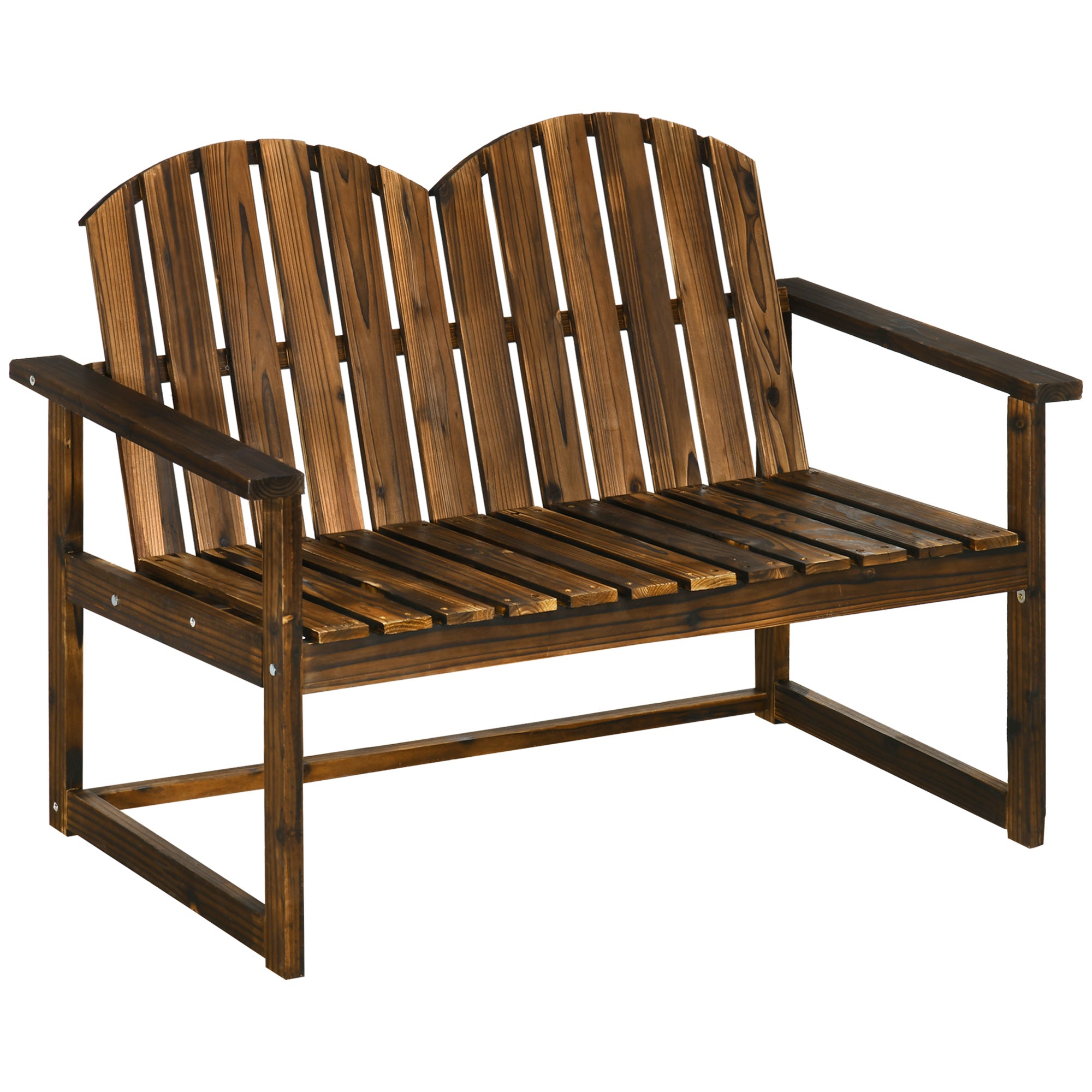 Outsunny Outdoor Wooden Garden Bench, Patio Loveseat Chair with Slatted Backrest and Smooth Armrests for Two People, for Yard, Lawn, Porch, Carbonised Finish - North Peak Garden Furniture