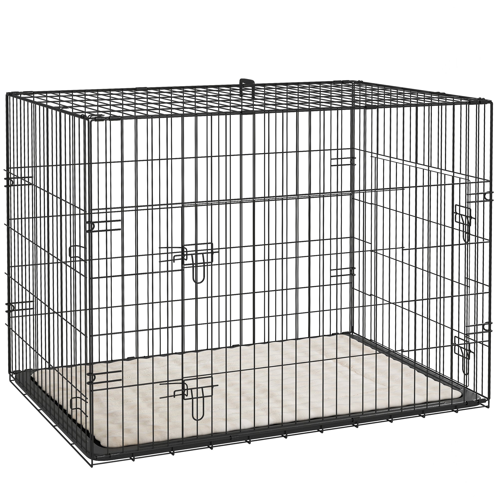 PawHut Dog Crate with 2 Doors with Tray, Soft Cushion, Foldable Metal Dog Cage for Large Medium Dogs, 91 x 62 x 68, Black - North Peak Garden Furniture