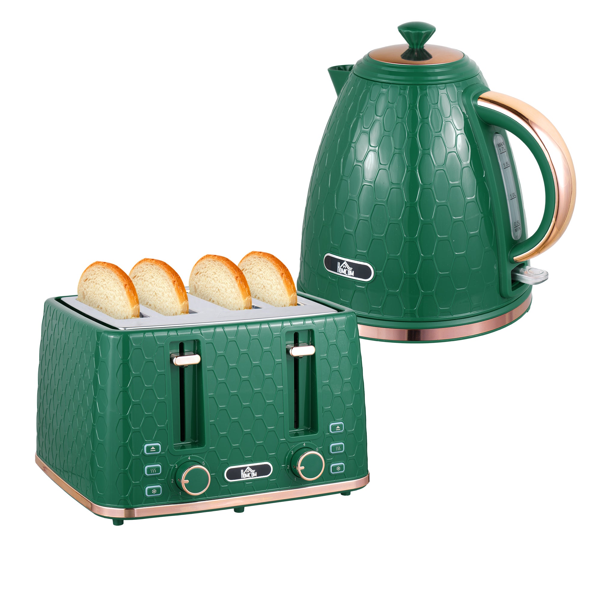 HOMCOM Kettle and Toaster Set, 1.7L 3000W Fast Boil Jug Kettle with Auto Shut Off, 4 Slice Toaster with 7 Level Browning Controls & Crumb Tray, Green - North Peak Garden Furniture