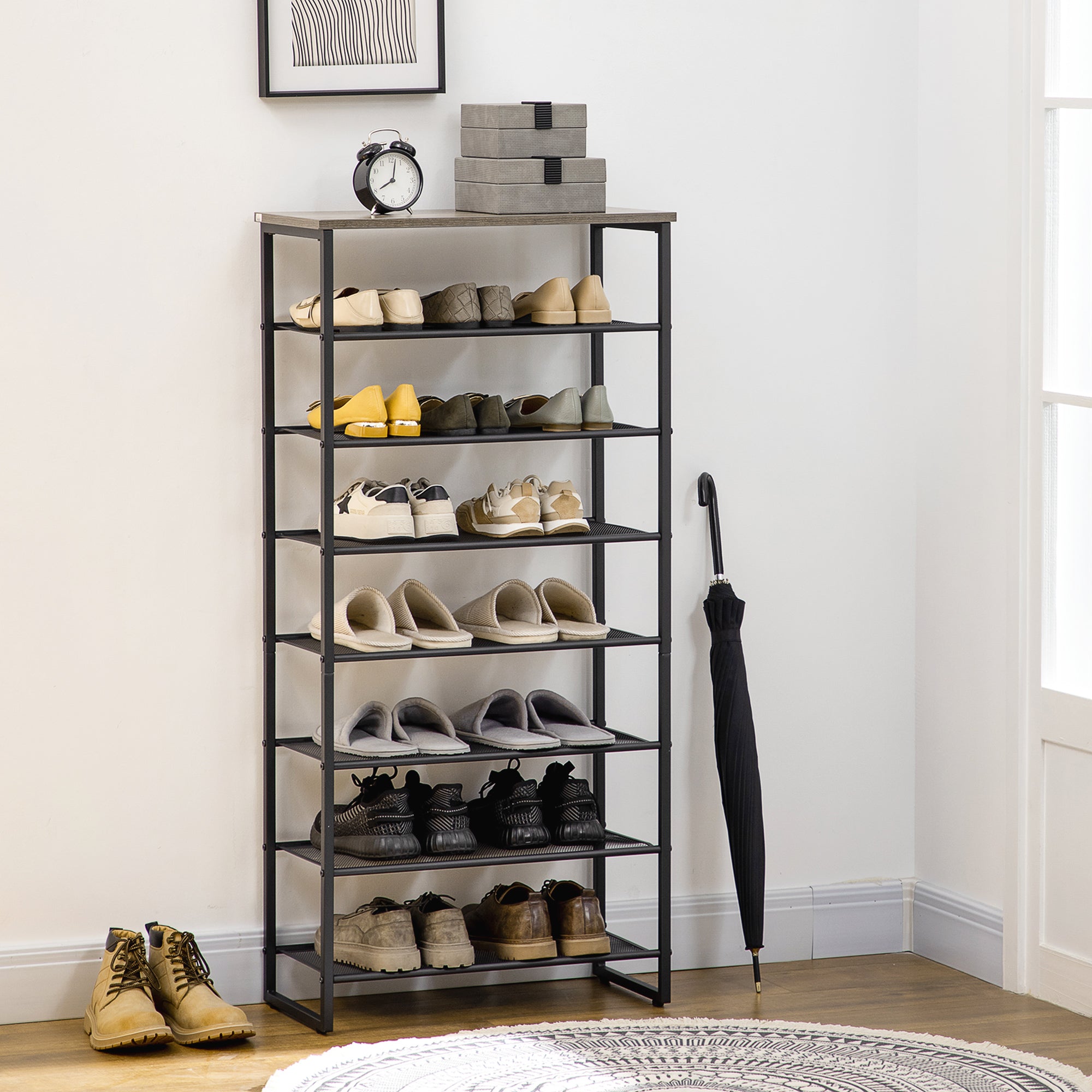 HOMCOM 8-Tier Shoe Rack, Shoe Storage Organizer with Mesh Shelves, Free Standing Shoe Shelf Stand for 21-24 Pairs of Shoes for Entryway, Hallway, Closet, Grey - North Peak Garden Furniture