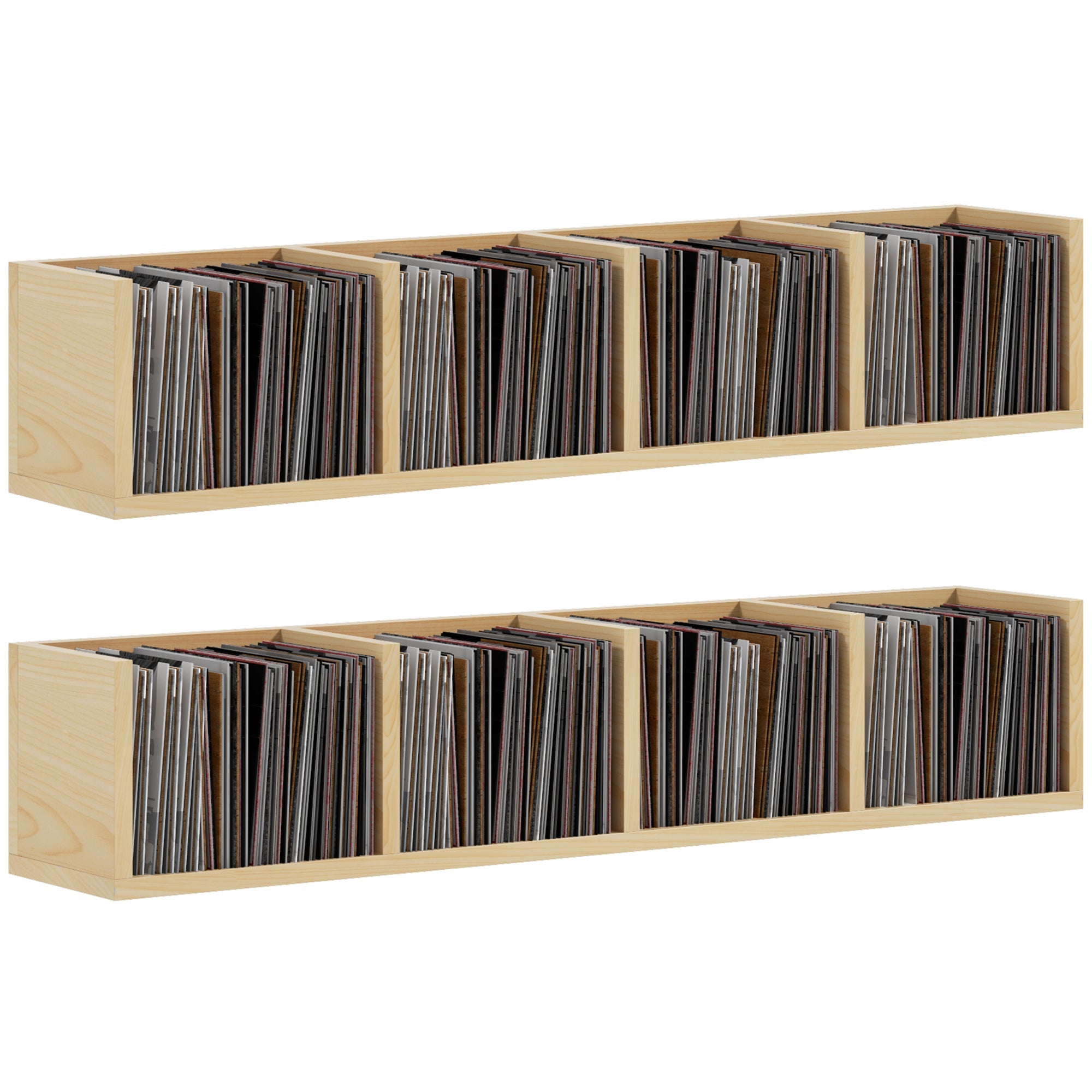 HOMCOM Wall Mount 84 CD  56 DVDBlu-ray Media Storage Rack 4 Cubes, Wooden Shelf Organiser Unit Bookcase Display, Set of 2, Natural Wood Finish
