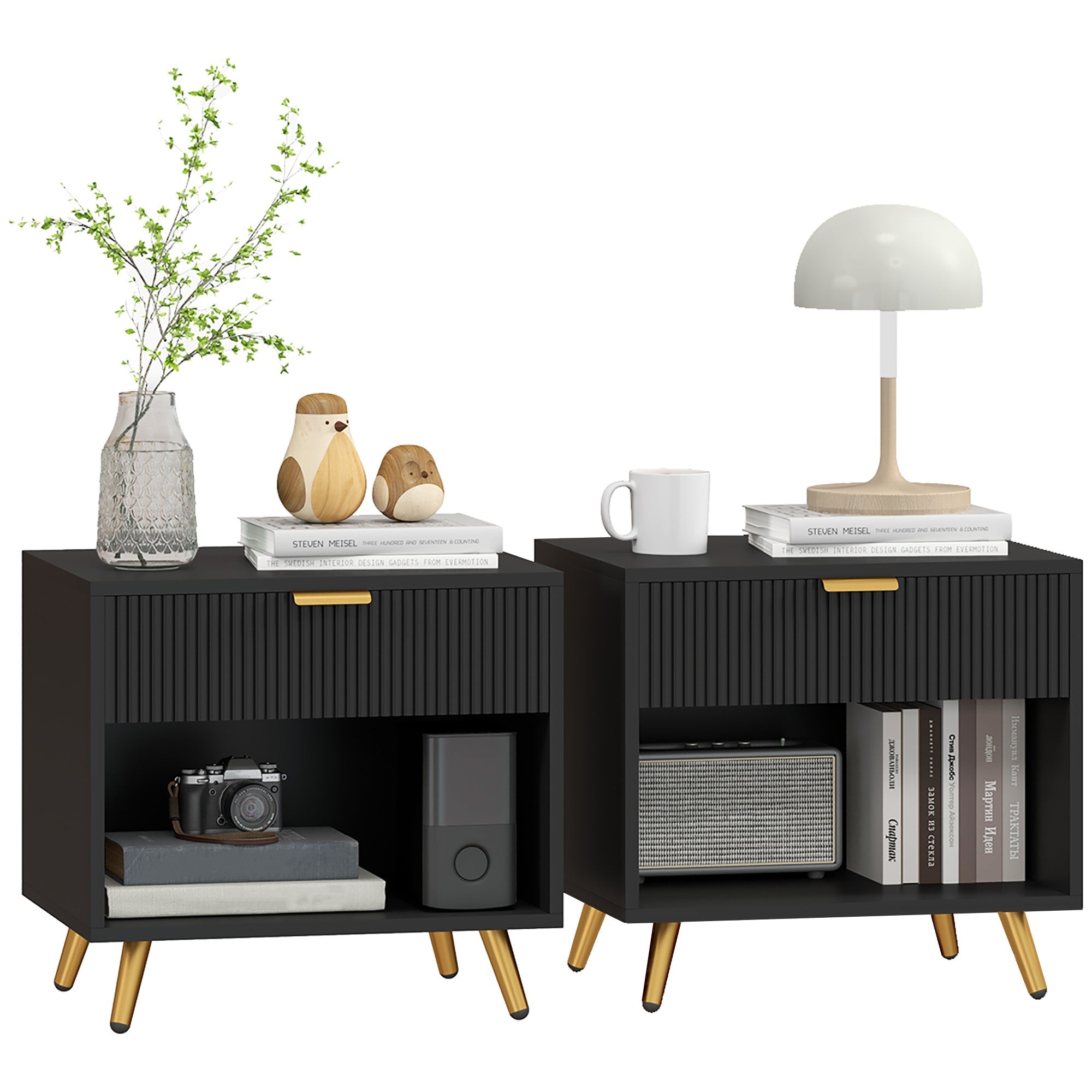 HOMCOM Elegant Bedside Table Set of 2, with Drawer and Shelf - BlackGold Tone