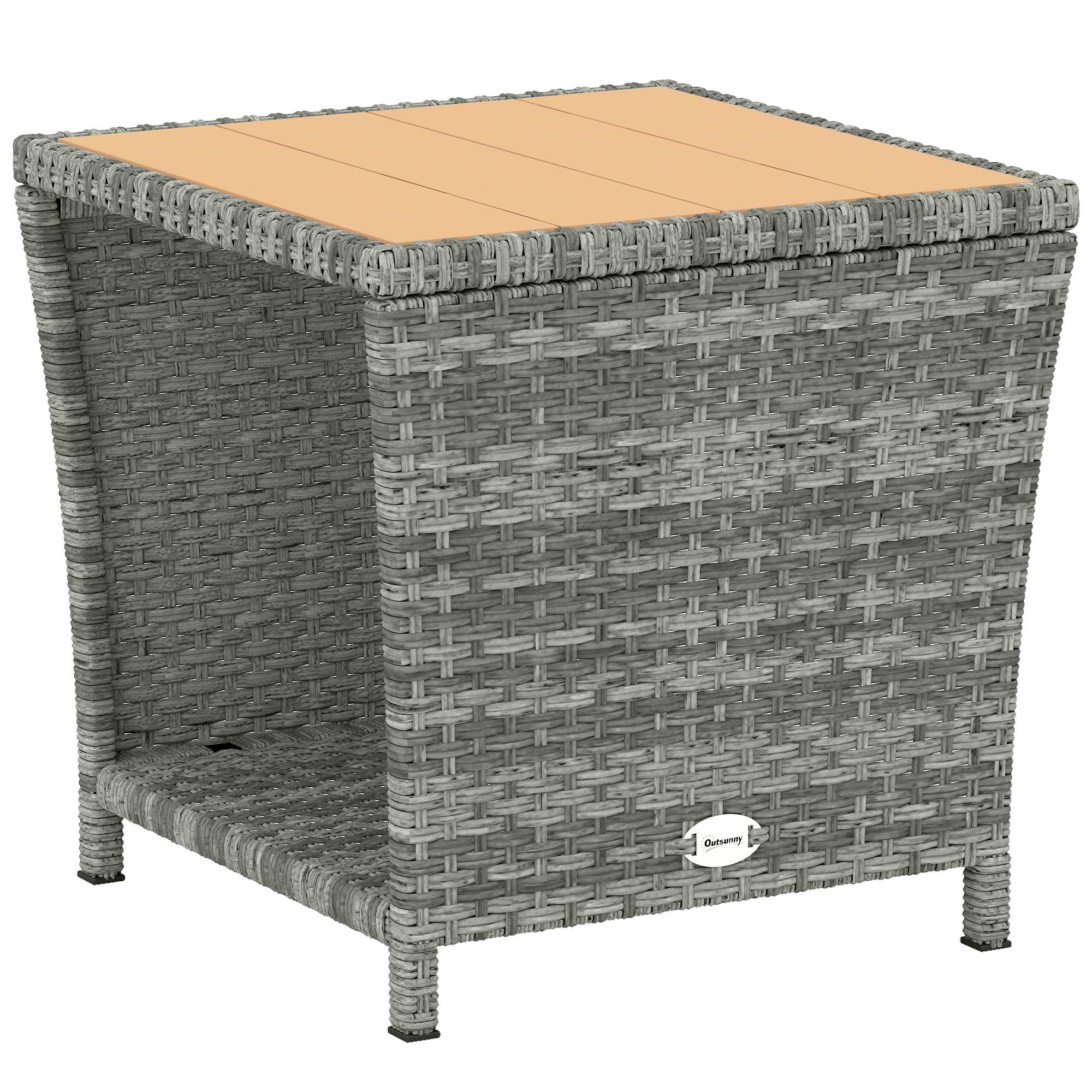 Outsunny Side Table 2-Tier Outdoor Coffee Table with Storage Shelf PS Wood Slat TopLight Grey