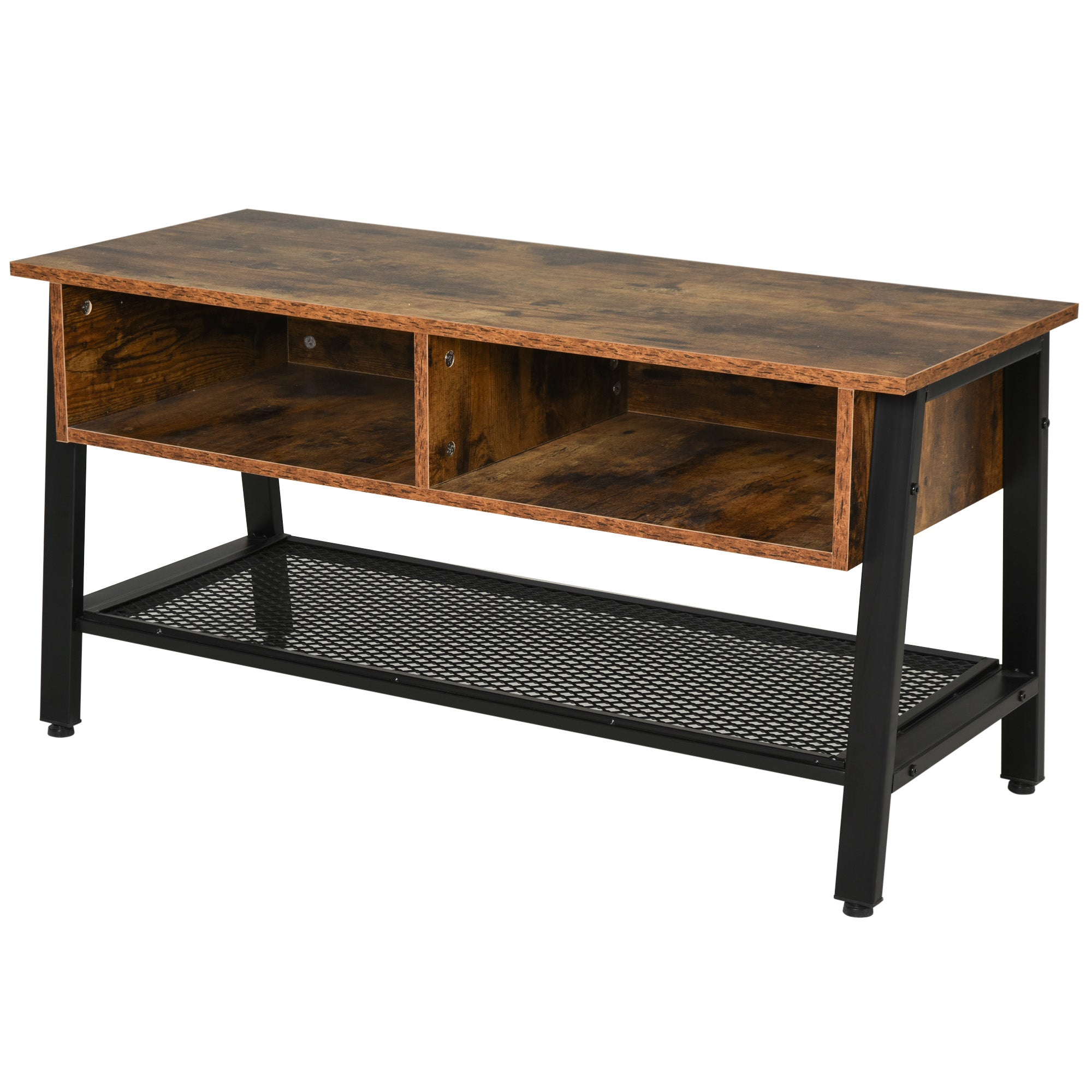 HOMCOM TV Stand Cabinet, Industrial TV Unit for TVs up to 45, 100cm TV Cabinet with 2 Open Compartments and Mesh Bottom Shelf for Living Room, Rustic Brown