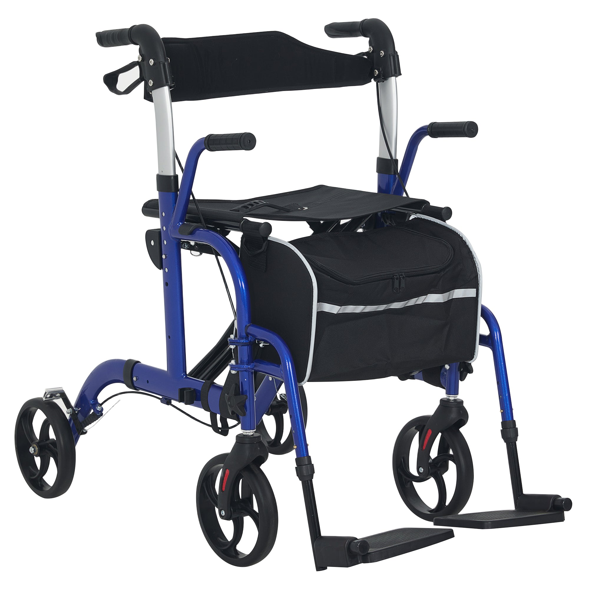 HOMCOM 2 in 1 Wheelchair Transport Chair & Folding Rollator Walker with Seat, Backrest, Footrest, Lightweight Walking Frame with Bag, Adjustable Height, 4 Wheeled Walker for Seniors, Pearl Blue - North Peak Garden Furniture