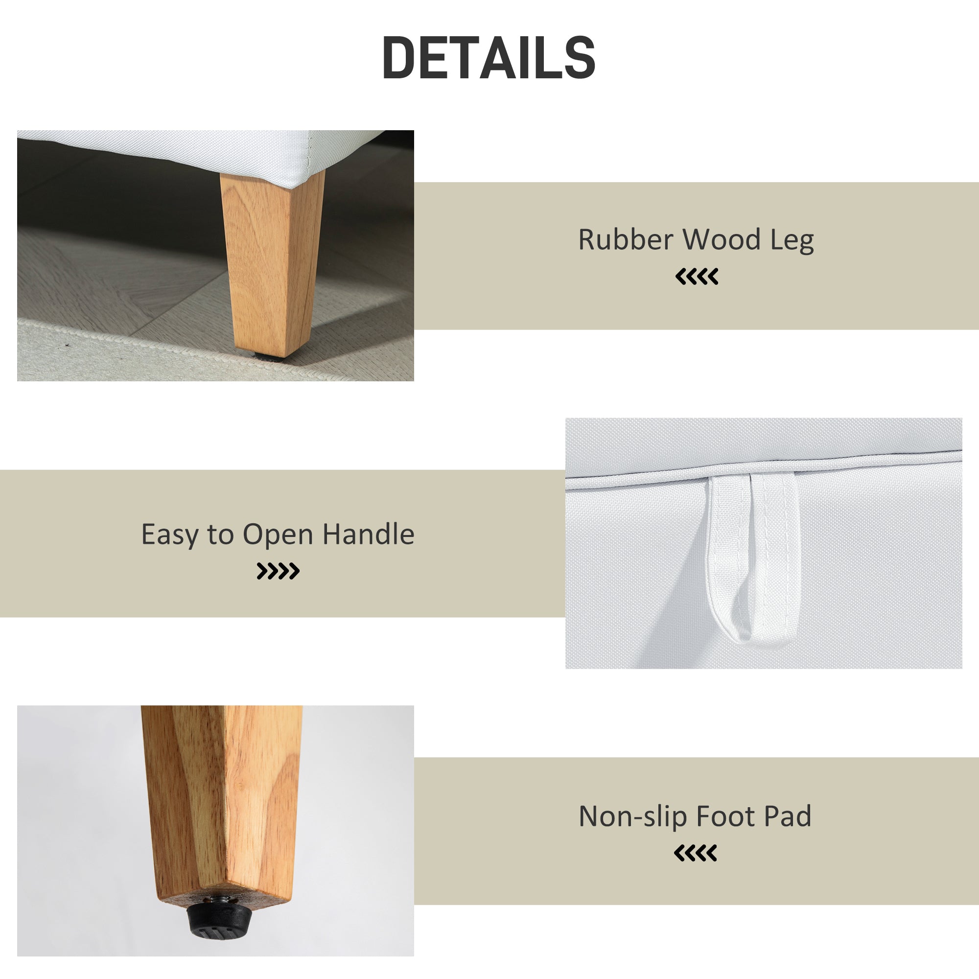 HOMCOM Linen Storage Ottoman Padded Footstool with Rubberwood Legs for Storage Box, Bed End, Shoe Bench, Seating, Cream White - North Peak Garden Furniture