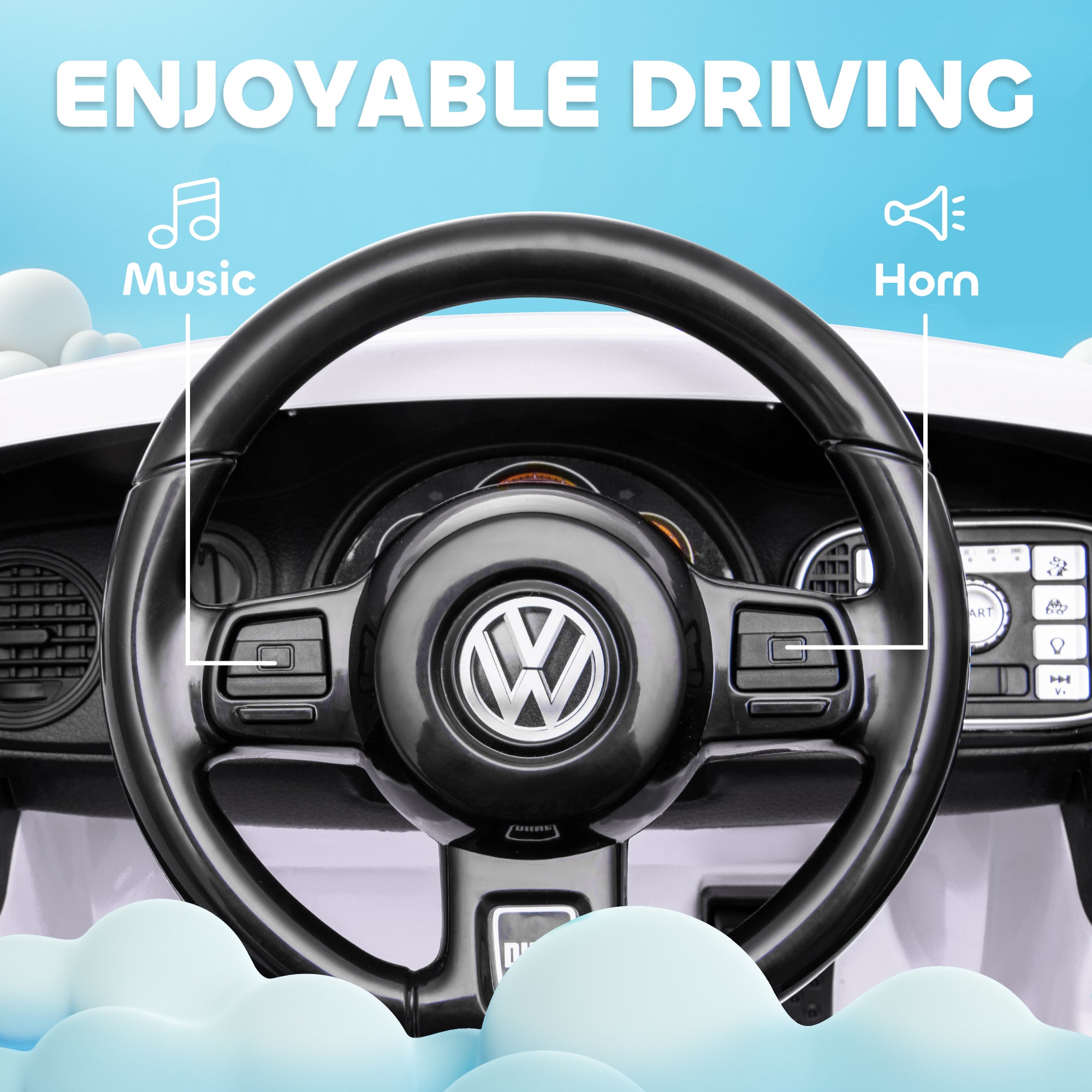 AIYAPLAY Volkswagen Beetle Licensed 12V Ride on Car w/ Remote Control, Suspension Wheels, Soft Start, Lights, Music, White - North Peak Garden Furniture