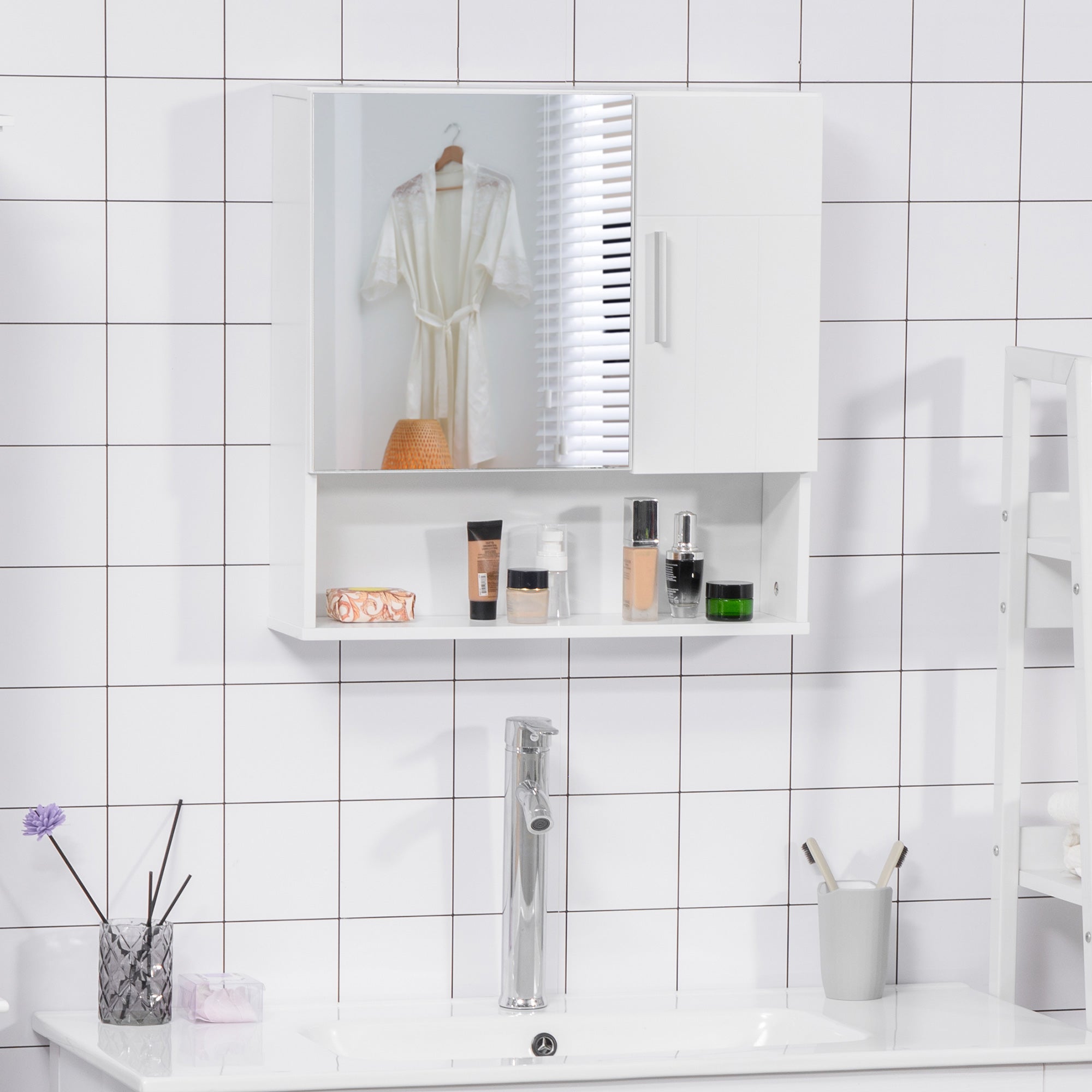 kleankin Bathroom Mirror Cabinet, Wall Mounted Storage Cupboard Organizer with Double Doors and Adjustable Shelf, White - North Peak Garden Furniture