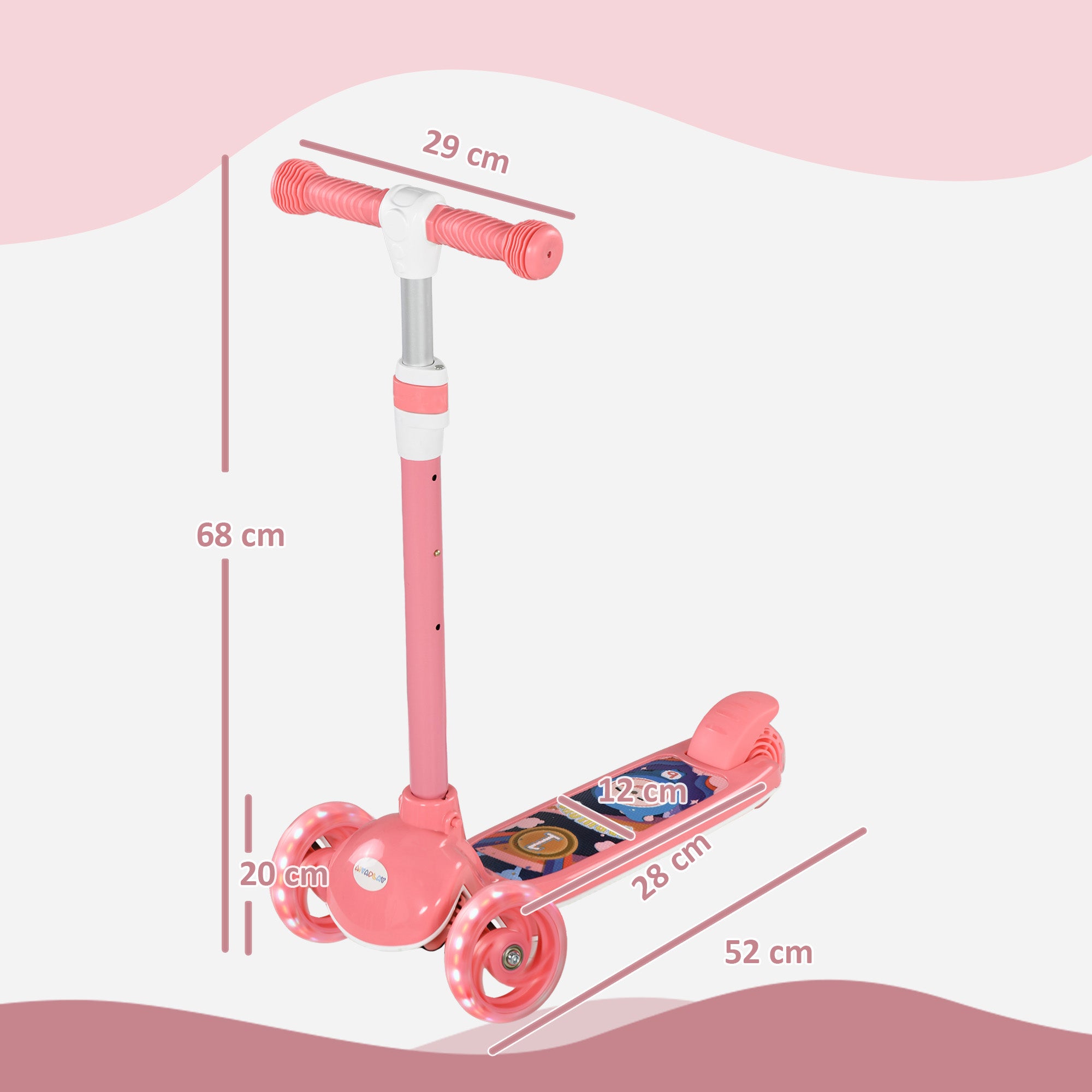 AIYAPLAY Kids 3 Wheel Scooter for 2-6 Years Old w/ Adjustable Height, LED Light, TPE Handlebar, Pink - North Peak Garden Furniture