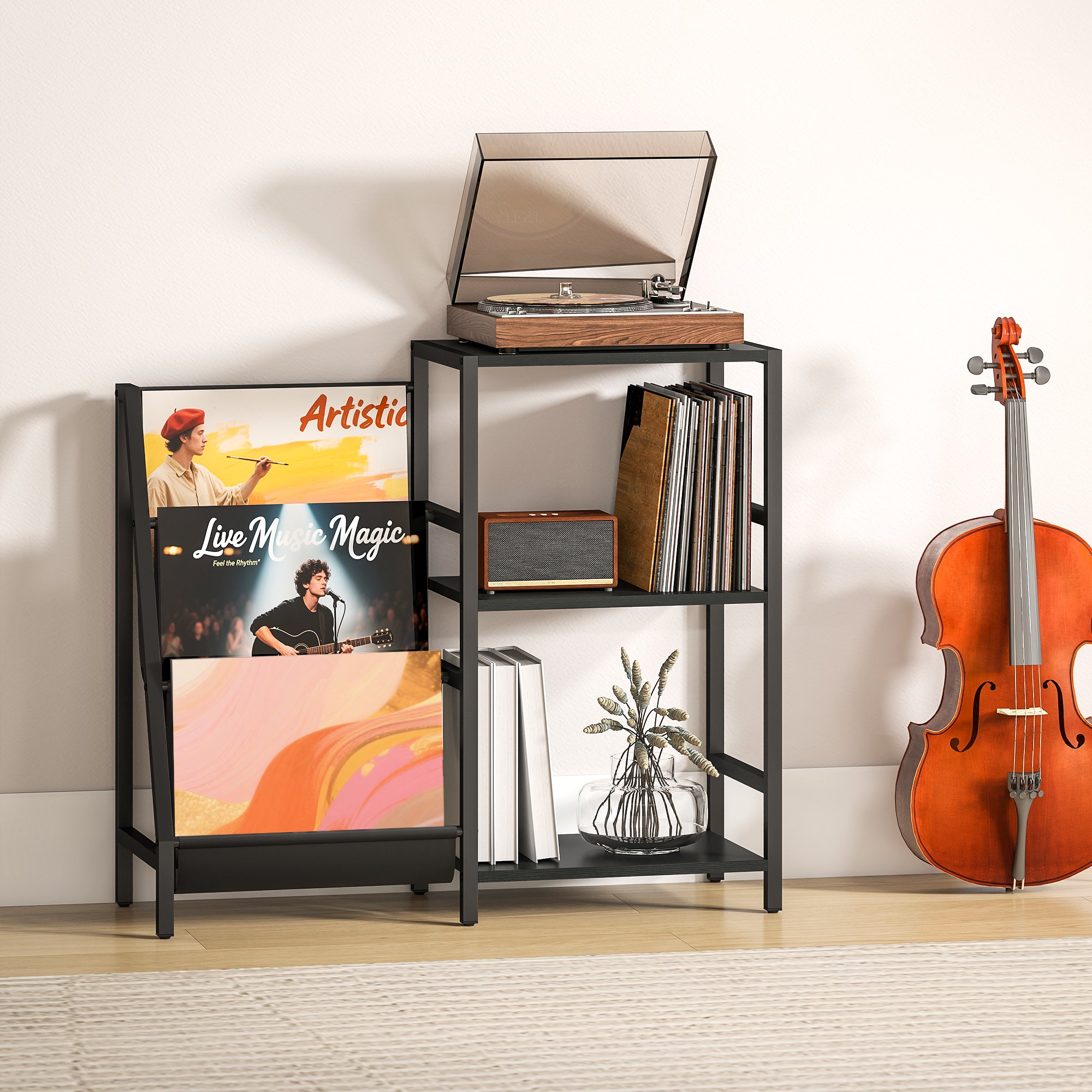 HOMCOM 3-Tier Record Player Stand, End Table for Living Room, Bedroom - Black Wood Effect - North Peak Garden Furniture