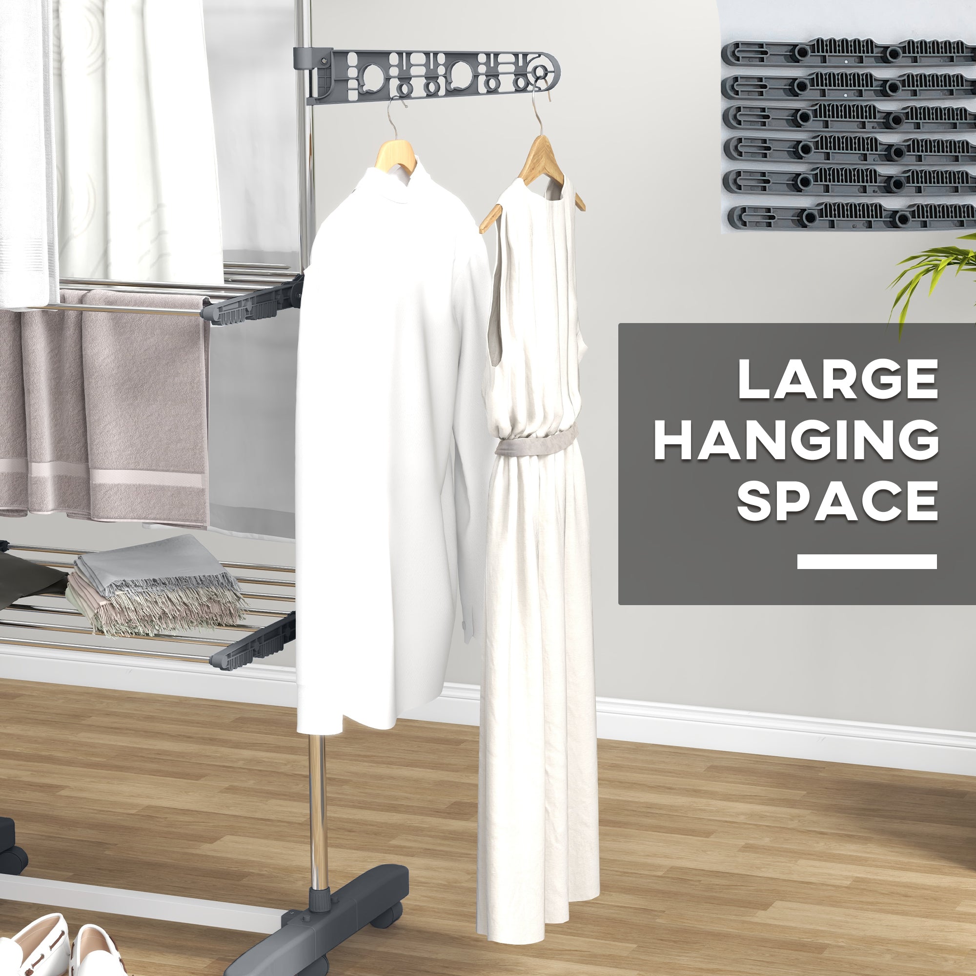 HOMCOM Three-Shelf Collapsing Clothes Horse, With Side Arms and Wheels - Grey - North Peak Garden Furniture