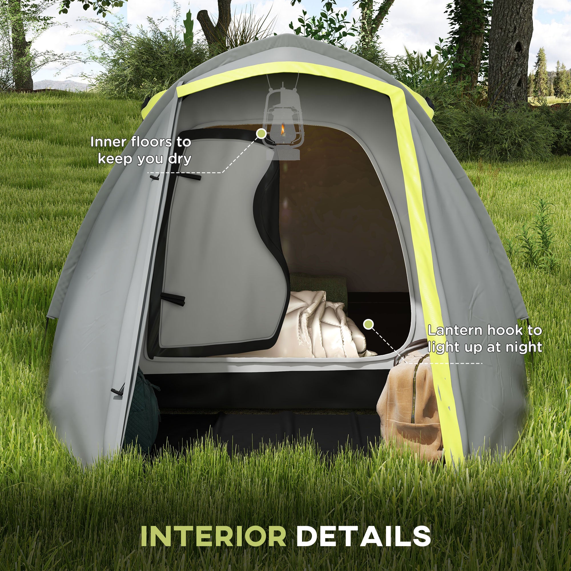 Outsunny Two-Man Dome Tent, with Front Porch and Accessories - Yellow/Grey - North Peak Garden Furniture