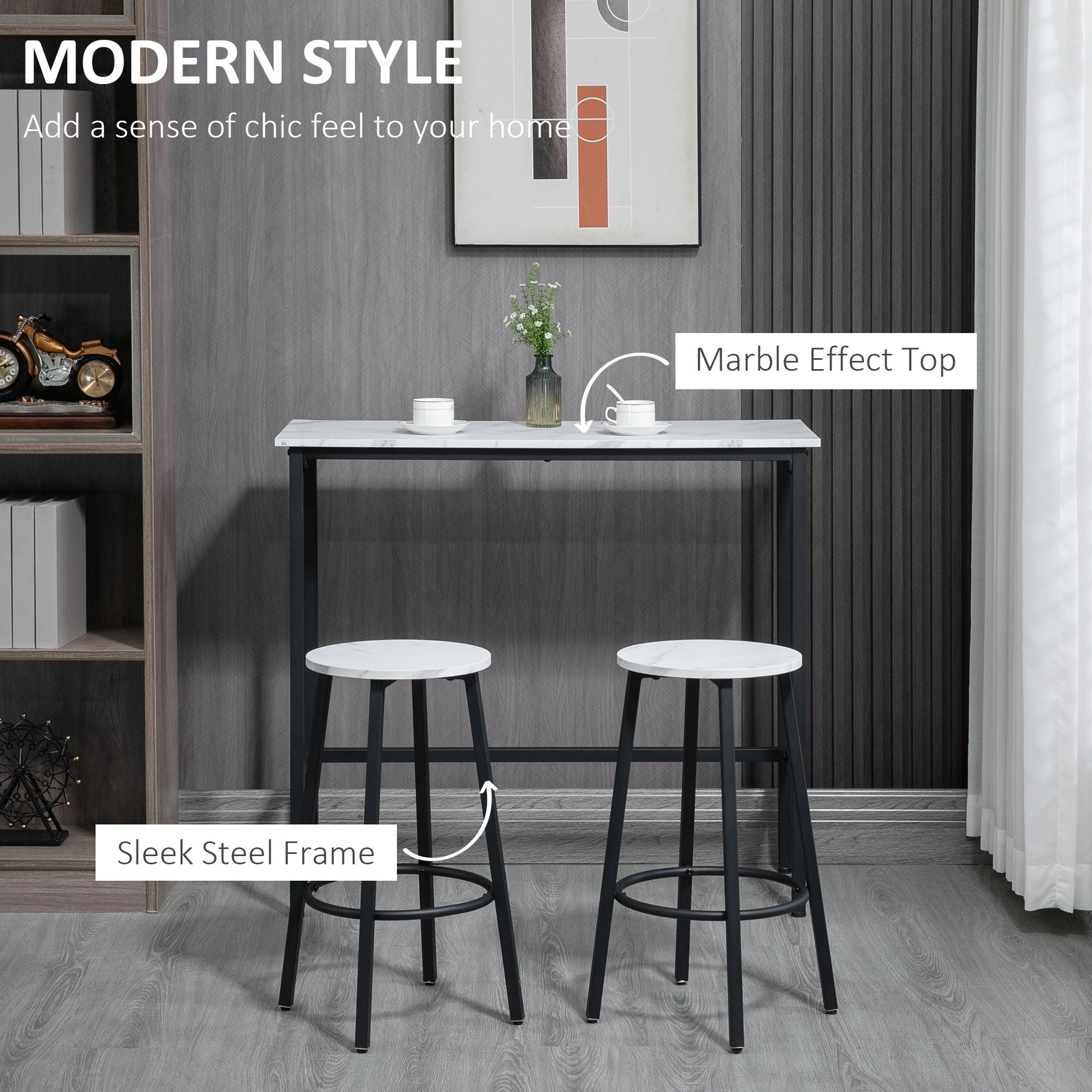 HOMCOM Three-Piece Marble-Effect Bar Table Set - White/Black - North Peak Garden Furniture