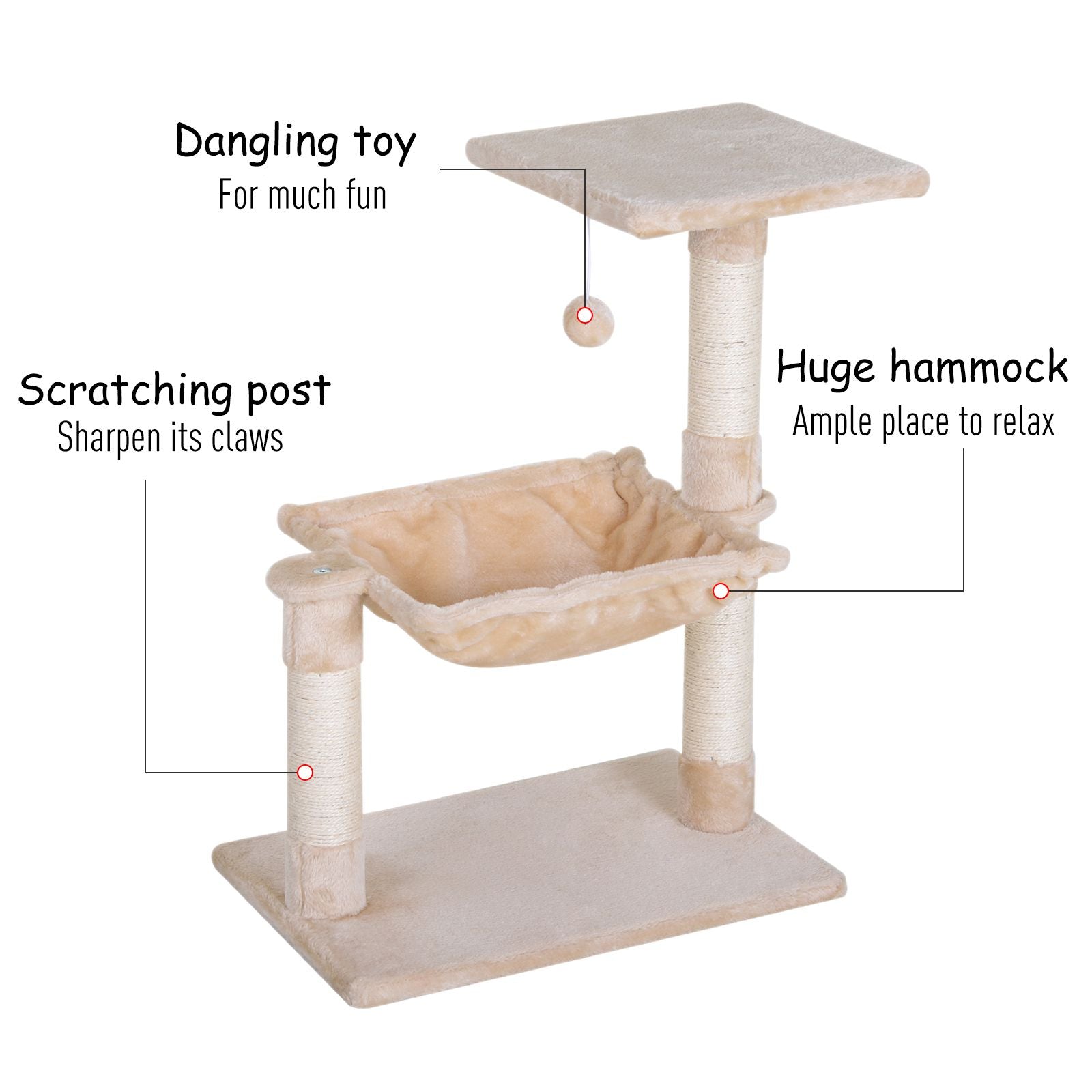 PawHut 70cm 2-Tier Cat Tree with Hammock Bed, Natural Sisal Scratching Post & Dangle Toy, Pet Scratch Stand