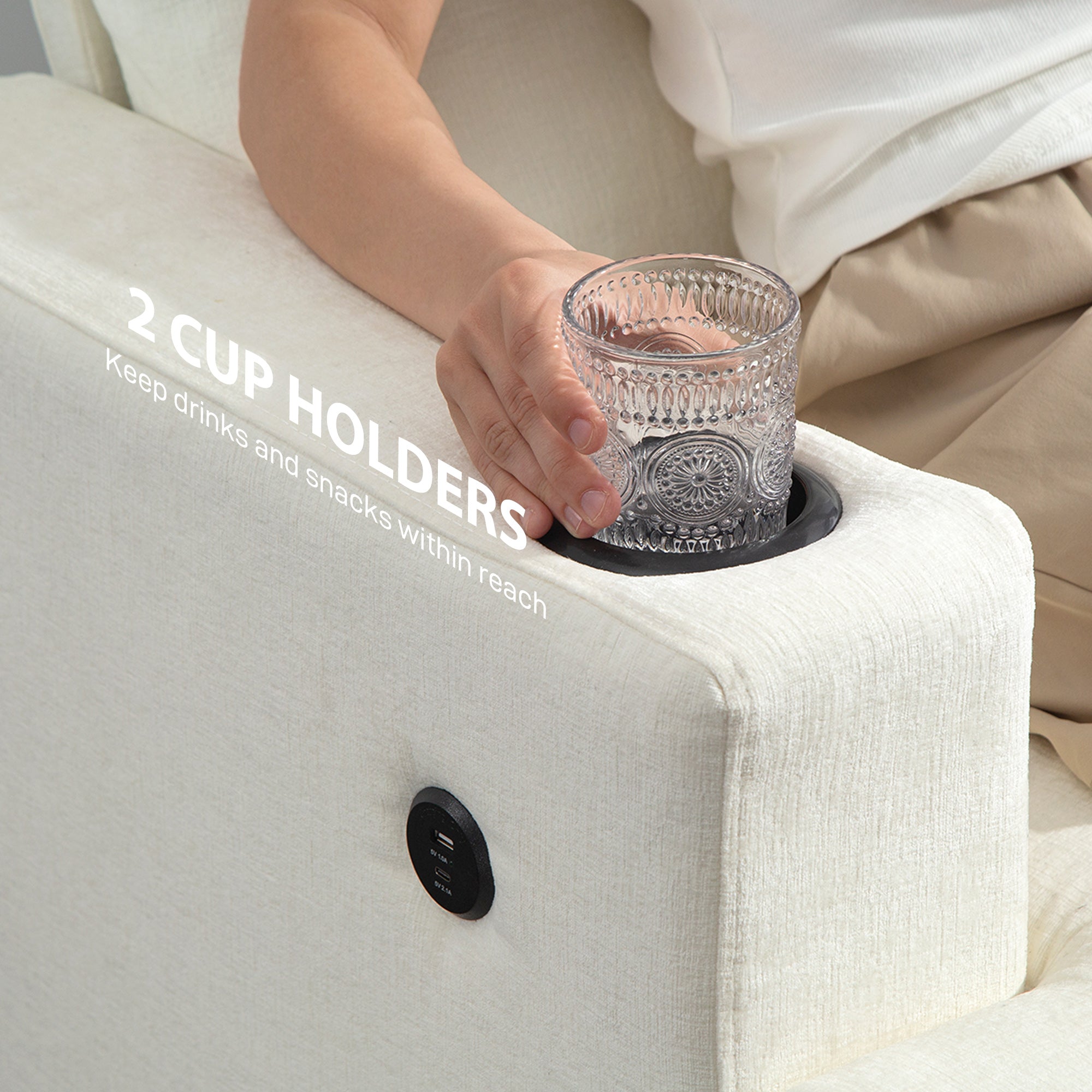 HOMCOM 3 Seater Sofa with USB Ports & Cup Holders - Cream White