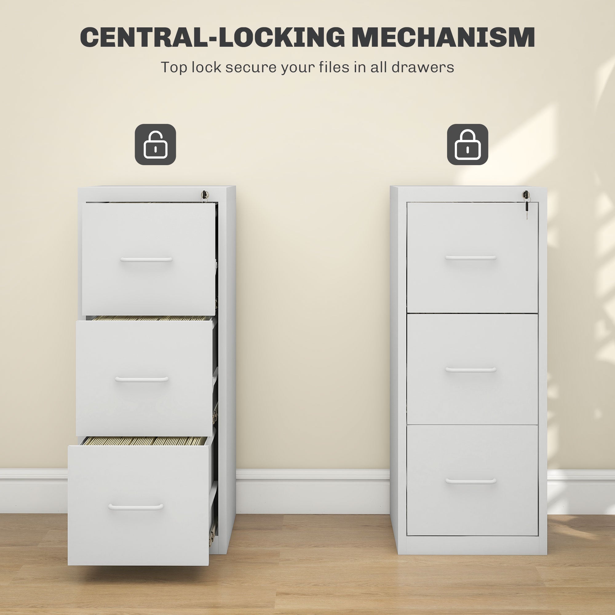 HOMCOM Three-Drawer Modern Steel Filing Cabinet - Cream - North Peak Garden Furniture
