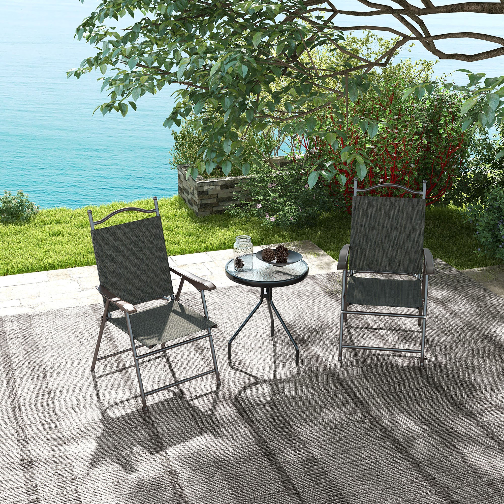 Outsunny Set of Two Folding Garden Chairs, with Fabric Mesh Seats - Dark Brown - North Peak Garden Furniture