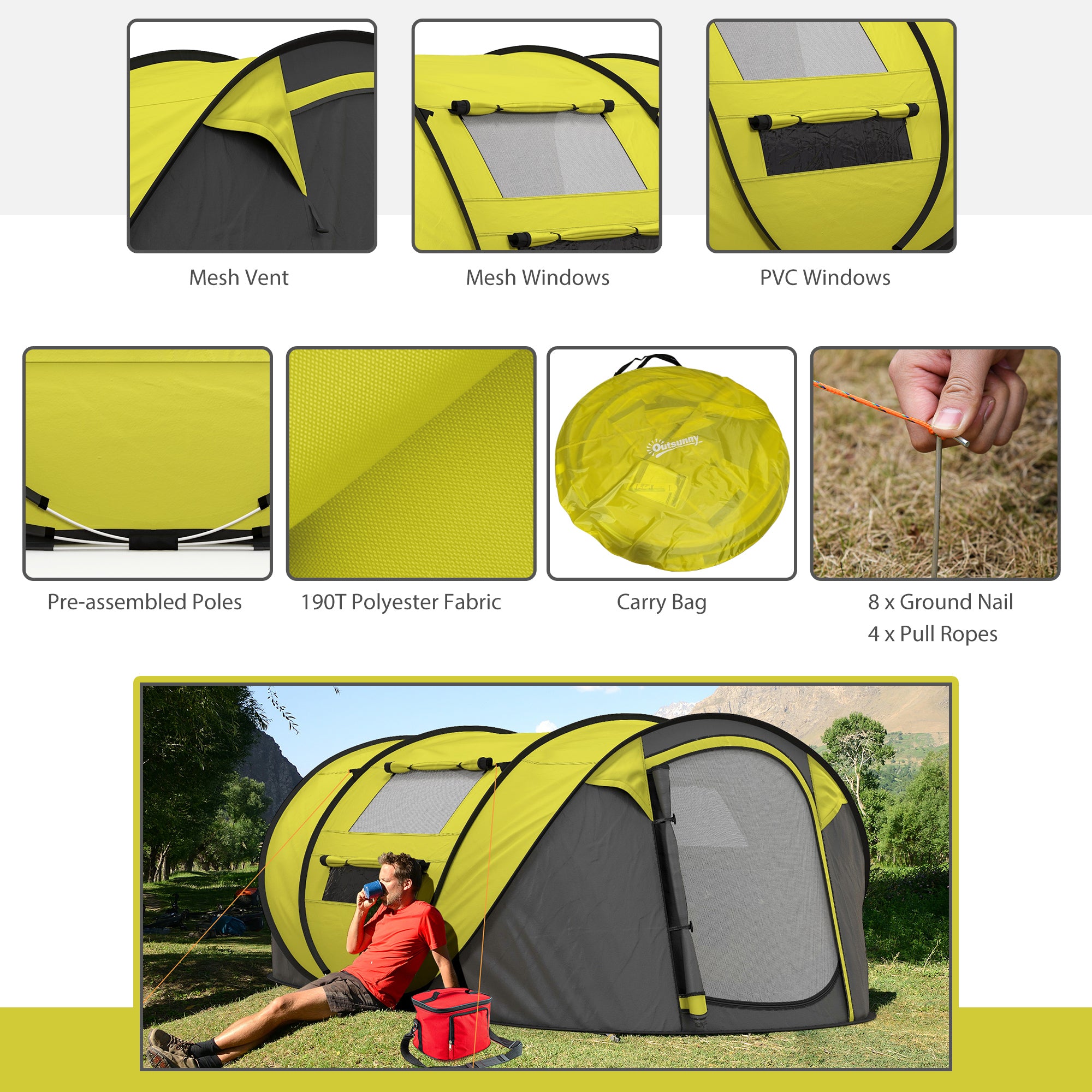 Outsunny 4-5 Person Pop-up Camping Tent Waterproof Family Tent w/ 2 Mesh Windows & PVC Windows Portable Carry Bag for Outdoor Trip, Yellow - North Peak Garden Furniture