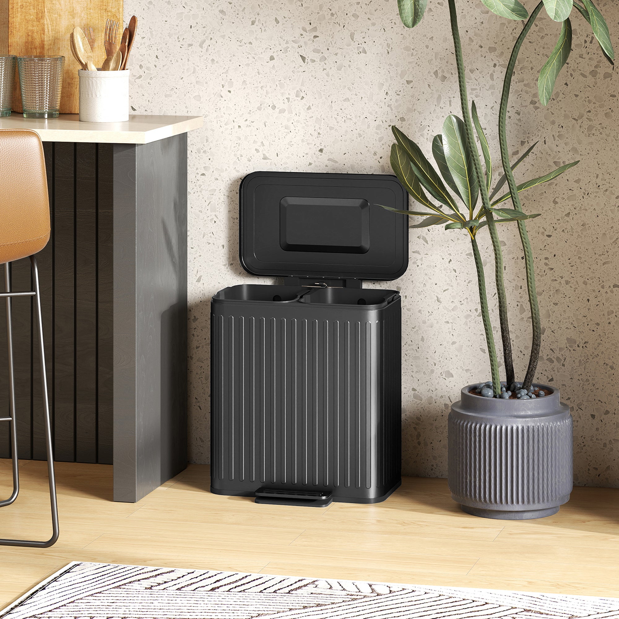 HOMCOM 40L Dual Compartment Rubbish Bin, with Soft-Close Lid - Black - North Peak Garden Furniture