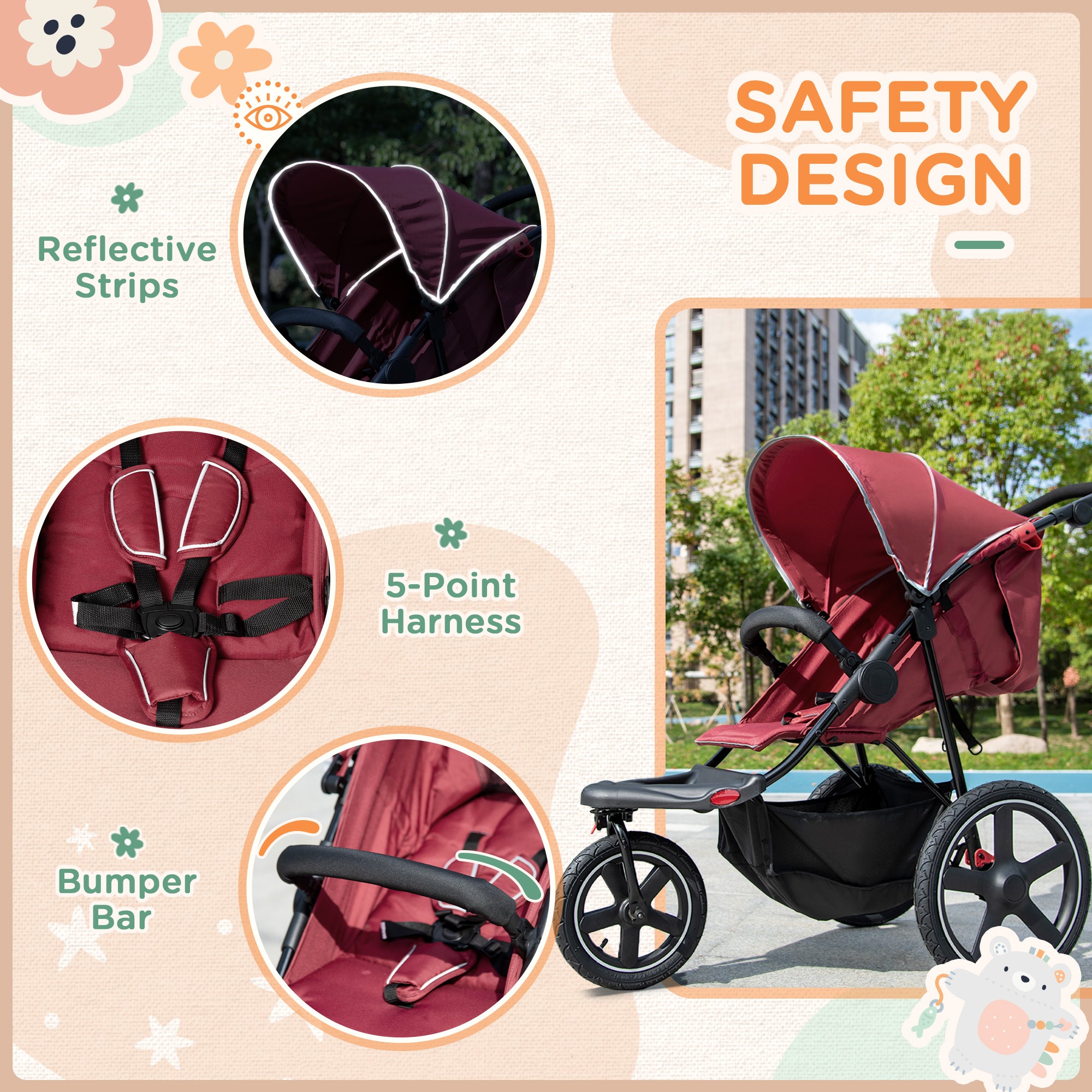HOMCOM Foldable Three-Wheeler Baby Stroller w/ Canopy, Storage Basket - Red - North Peak Garden Furniture