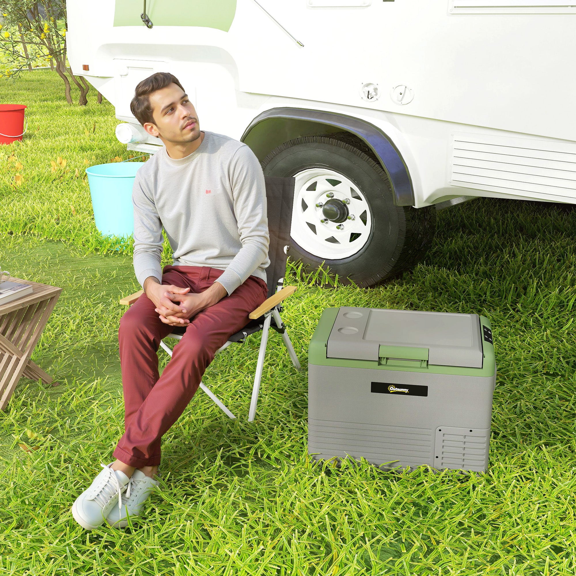 Outsunny 40L Portable Car Refrigerator - Light Green and Grey - North Peak Garden Furniture