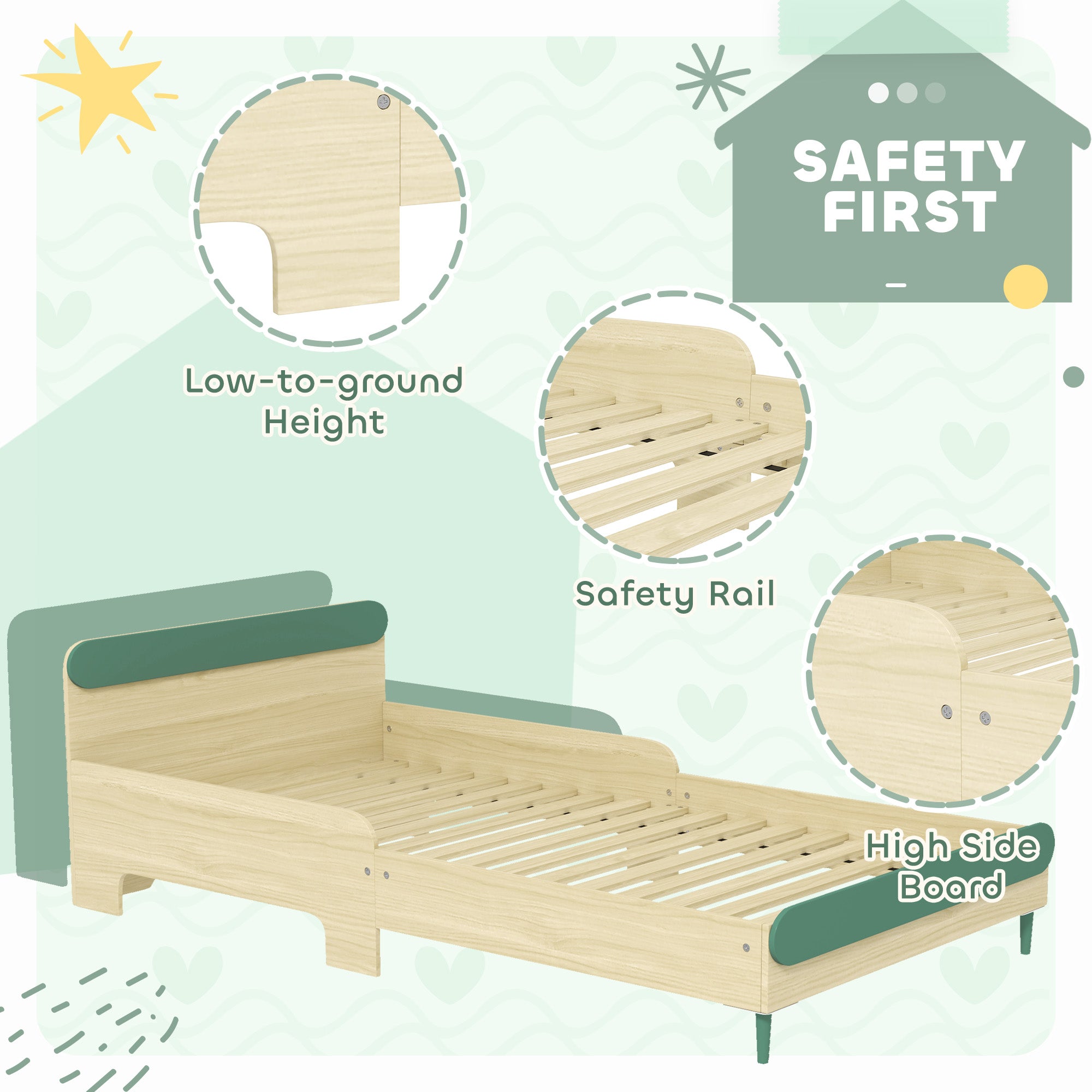 AIYAPLAY Toddler Bed with Safety Rail for Ages 3-10 Years, 195 x 103 x 60.5cm, Green