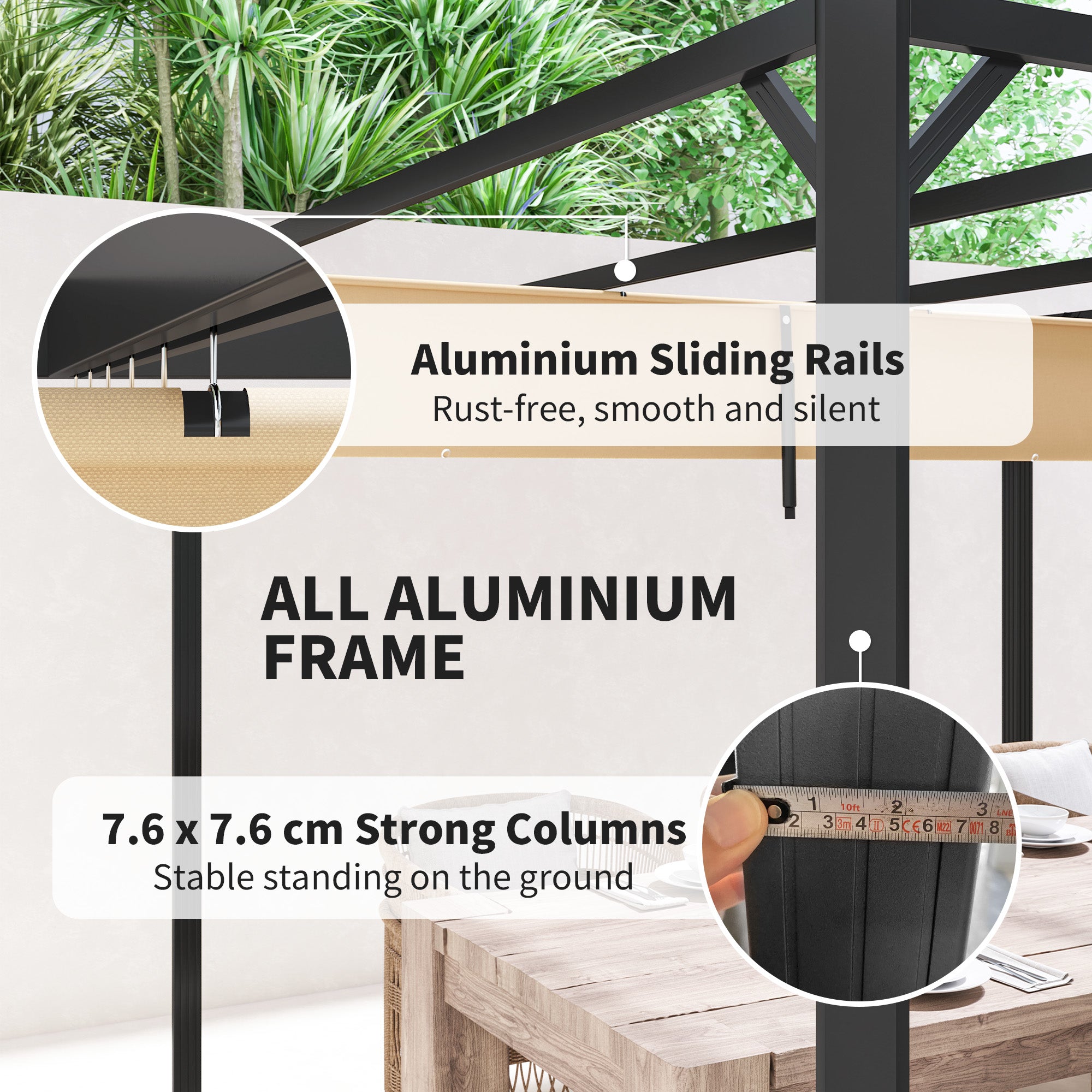 Outsunny 3 x 3m Aluminium Pergola, with Retractable Roof and Wall - Khaki - North Peak Garden Furniture