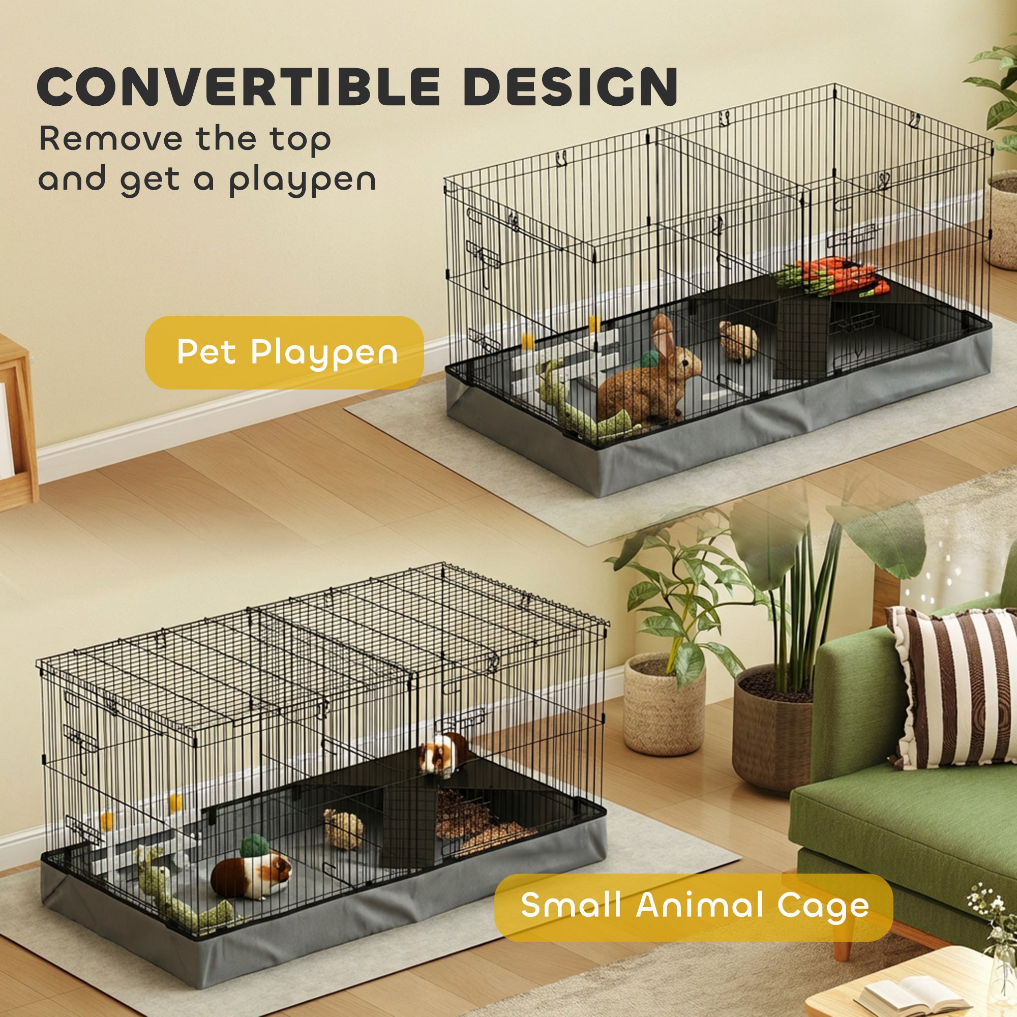 PawHut 2 in 1 Guinea Pig Cage, Rabbit Cage Pet Playpen with 2 Separate Area, Waterproof Oxford Fabric Floor for Hedgehogs
