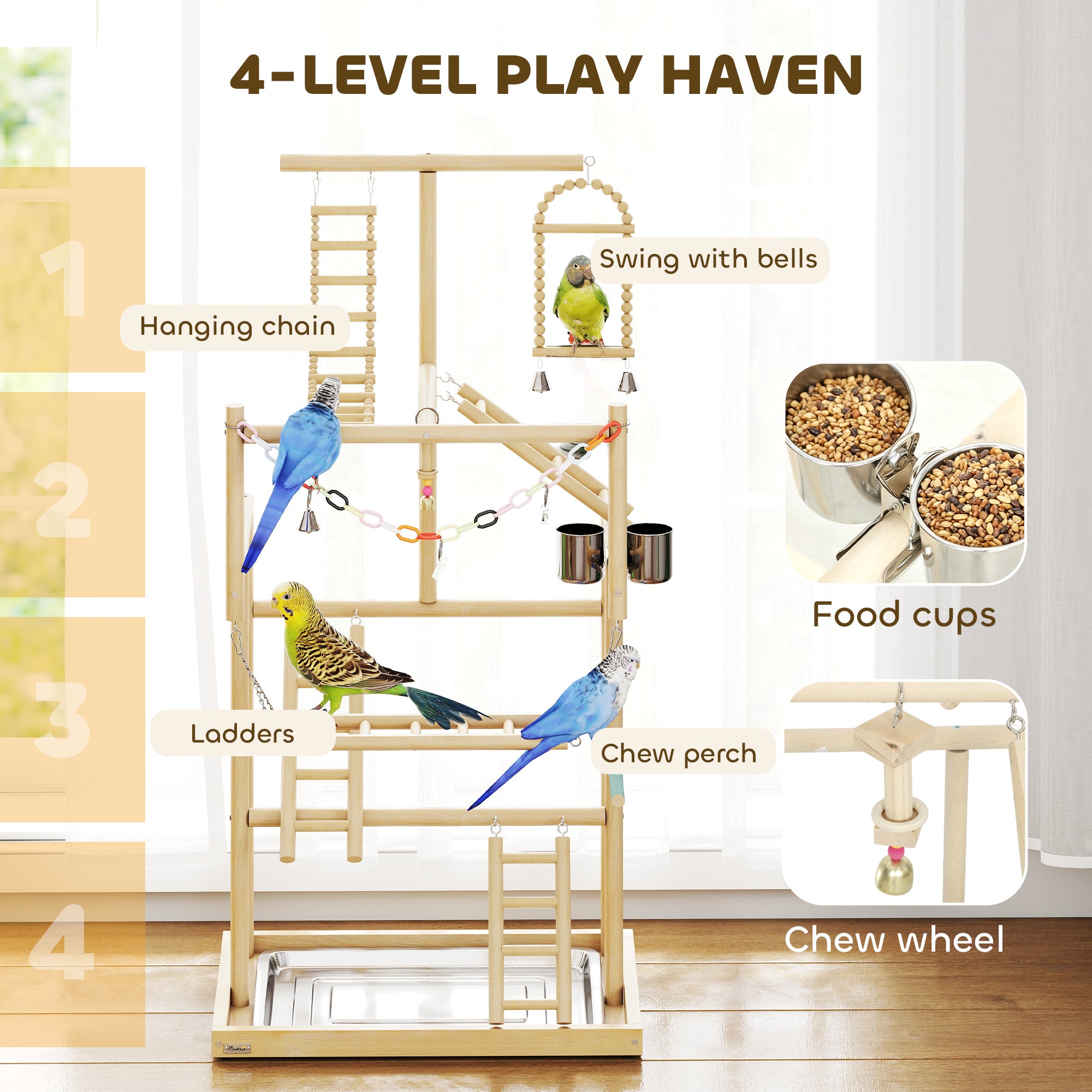 PawHut 95 cm Wooden Bird Playground with Ladders, Chain Toy, Stainless Steel Cups and Tray, Bird Cage Accessories, Natural