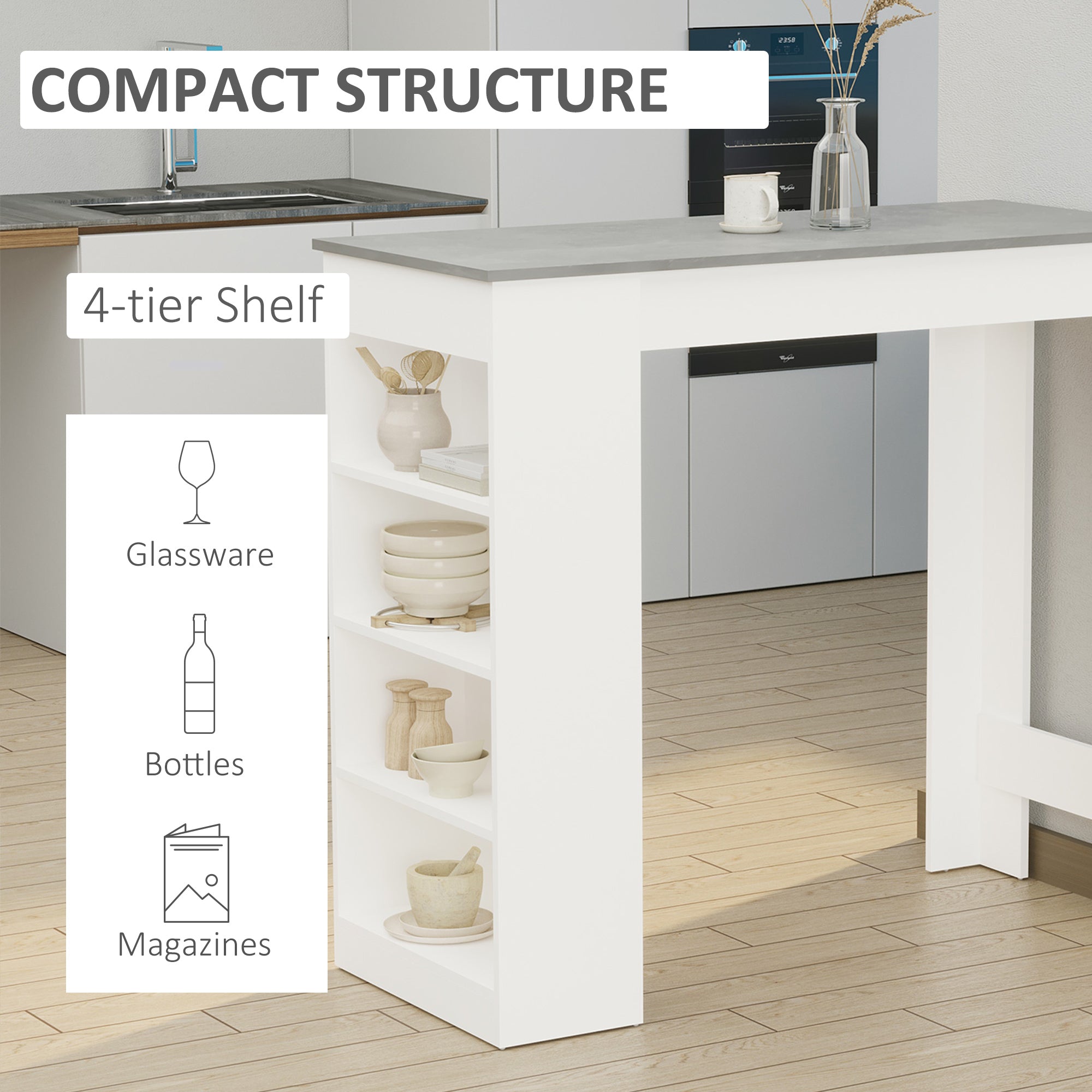 HOMCOM Bar Table Coffee Table Kitchen Dining Table with 4-Tier Storage Shelf for Kitchen, Dining Room, Living Room, Grey - North Peak Garden Furniture