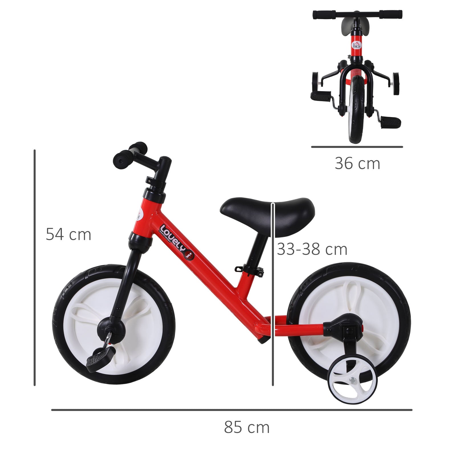 HOMCOM 11 Inch Kids Balance Bike Training Pedal Bicycle W/ Removable Stabilizers EVA Tyres Adjustable Seat Height 2 to 5 Years Gift for Boys Girls Red