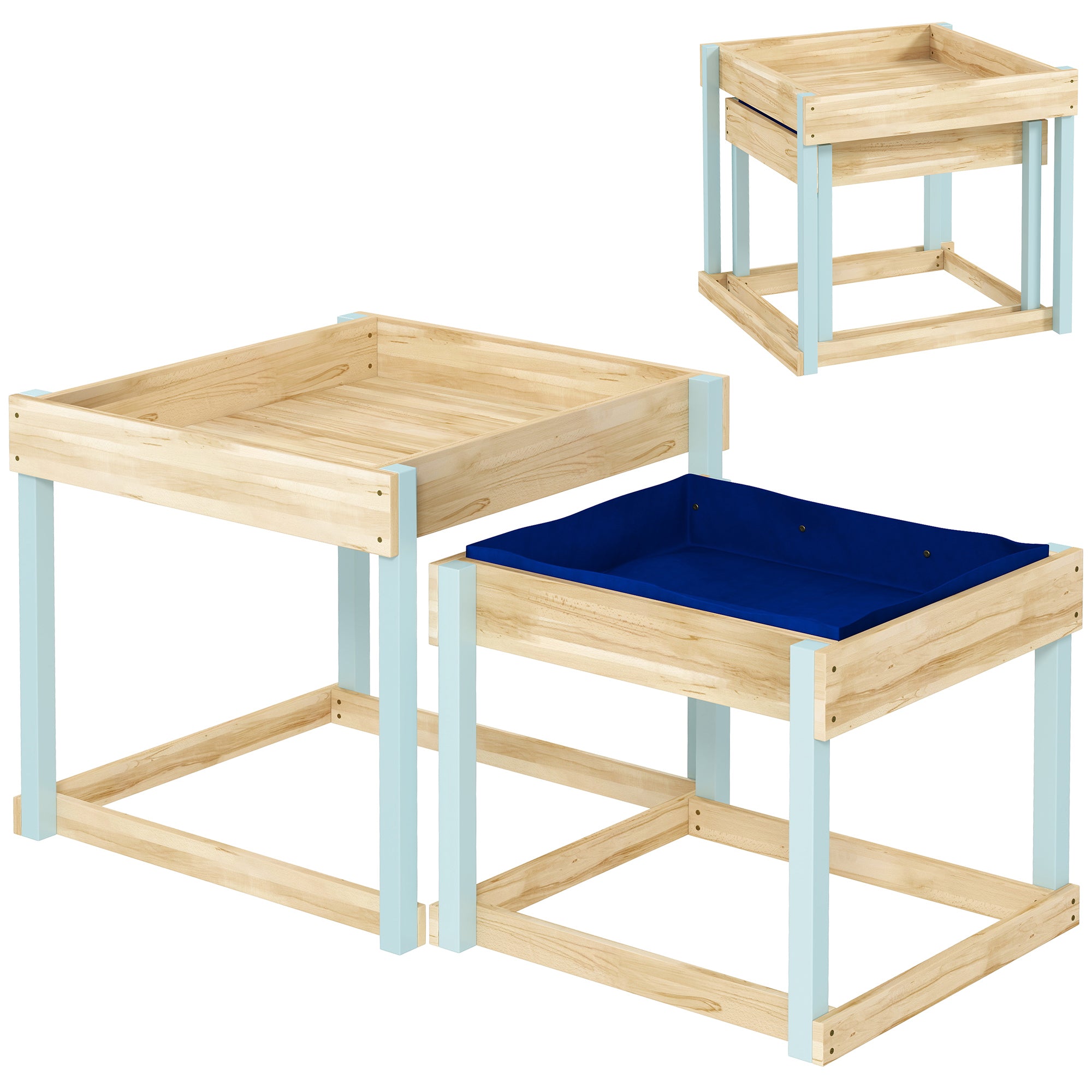 AIYAPLAY 2 PCS Wooden Outdoor Sand and Water Play Tables with Bottom Liner for Kids Aged 3-8 Years Old, Natural Wood Finish - North Peak Garden Furniture