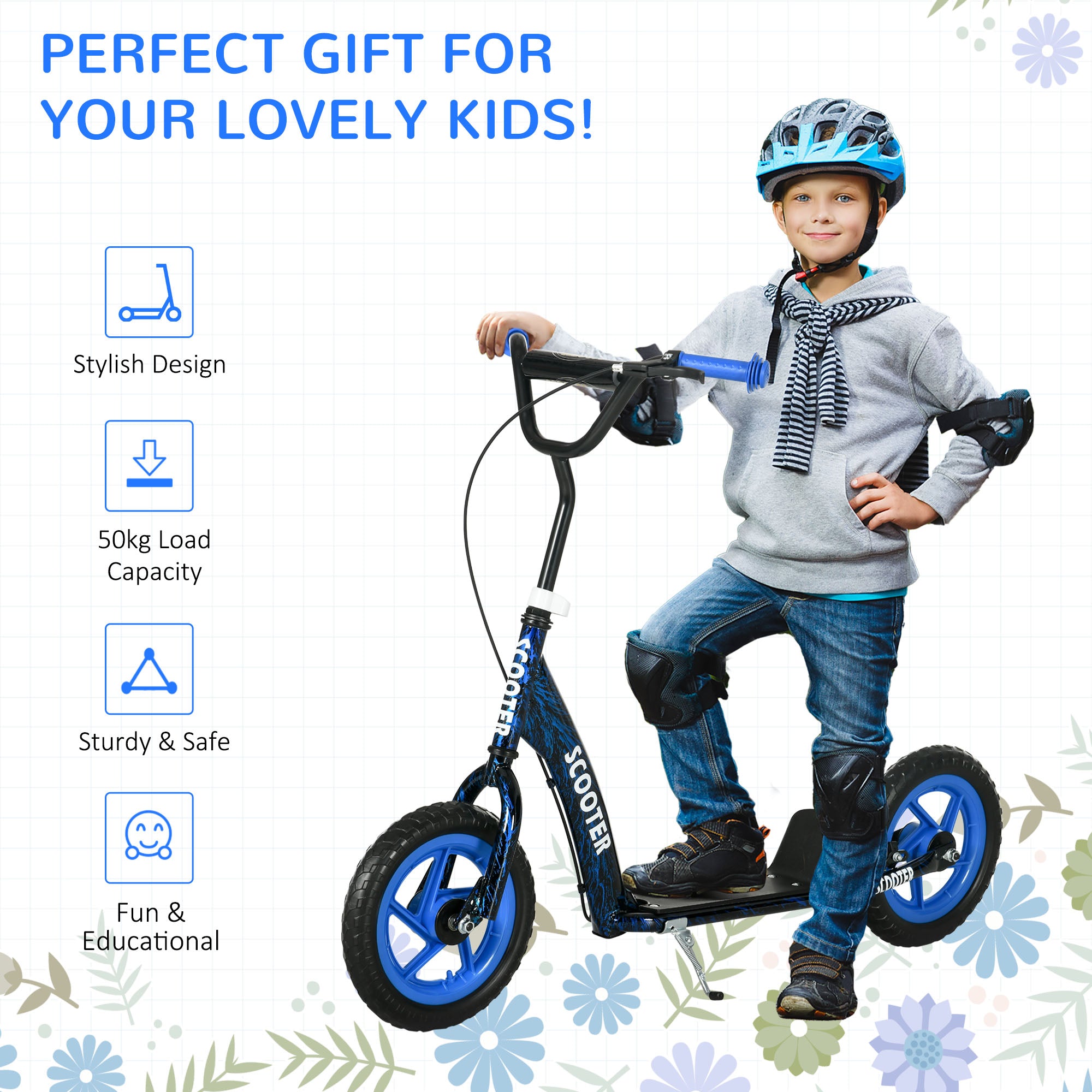 AIYAPLAY Kids Scooter with Adjustable Handlebar, Children's Kick Scooter with Non-slip Footplate, Rear Brake, Kickstand, Blue - North Peak Garden Furniture