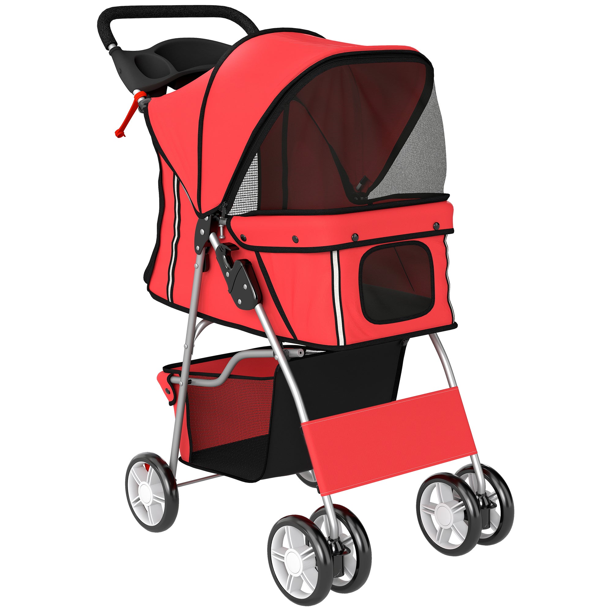PawHut Dog Pram, Pet Stroller with Reflective Strips, Foldable Cat Stroller with 360° Swivel Wheels, Red