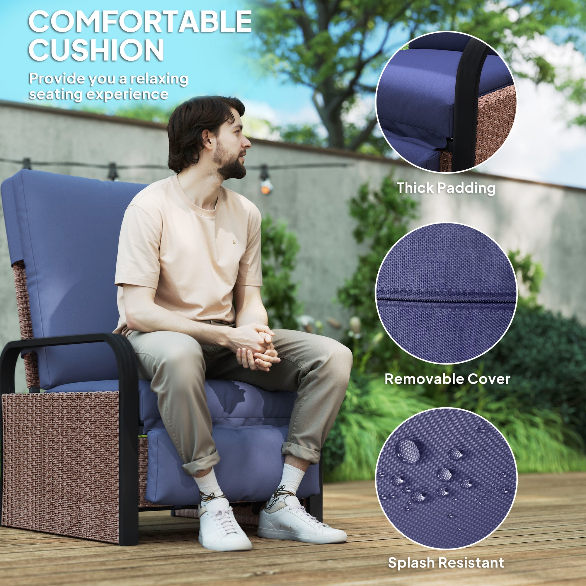 Outsunny 140° Reclining Rattan Armchair - Brown/Blue - North Peak Garden Furniture