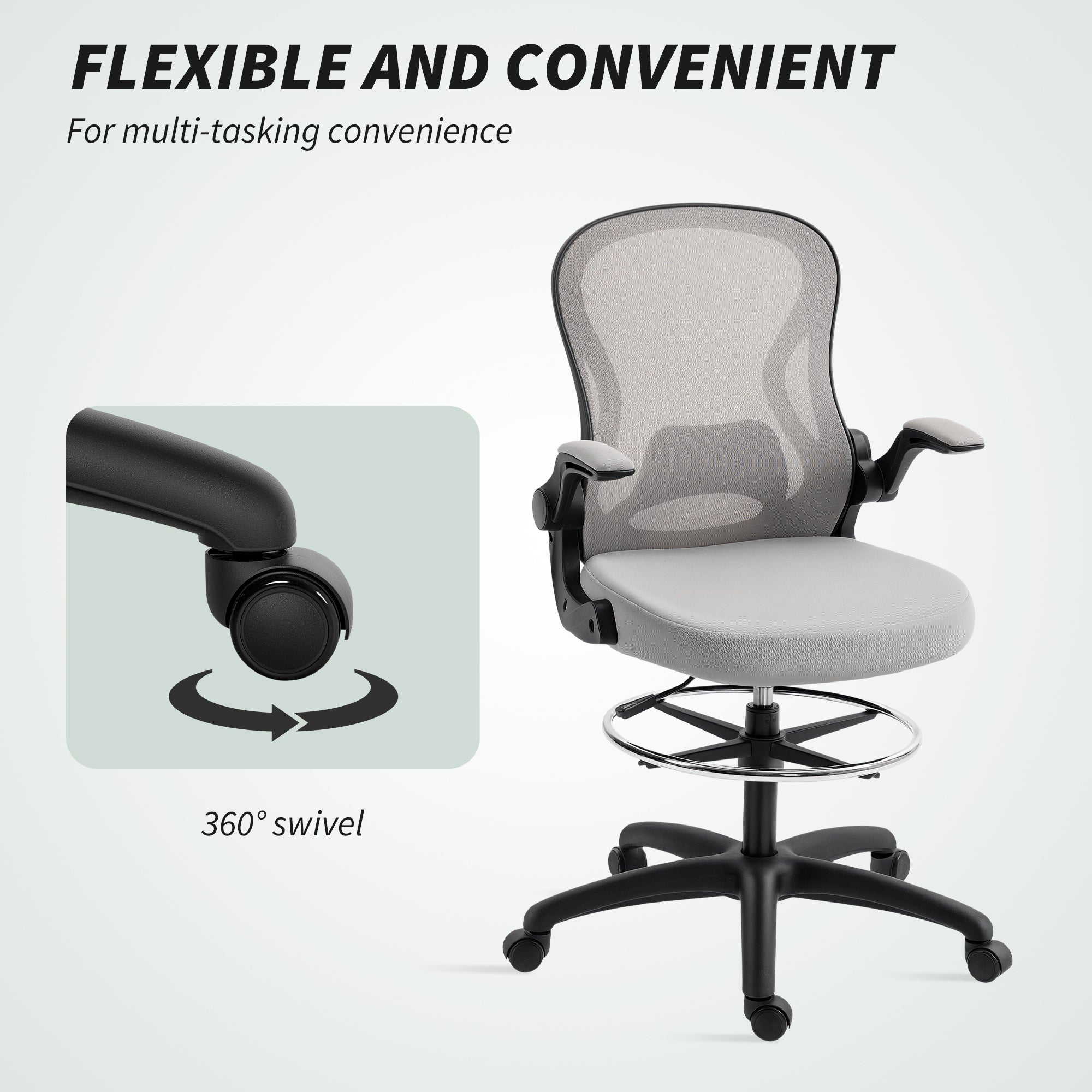 Vinsetto Adjustable Mesh Standing Desk Chair with Flip-up Armrests Lumbar Support Armrests Adjustable Footrest Ring Grey