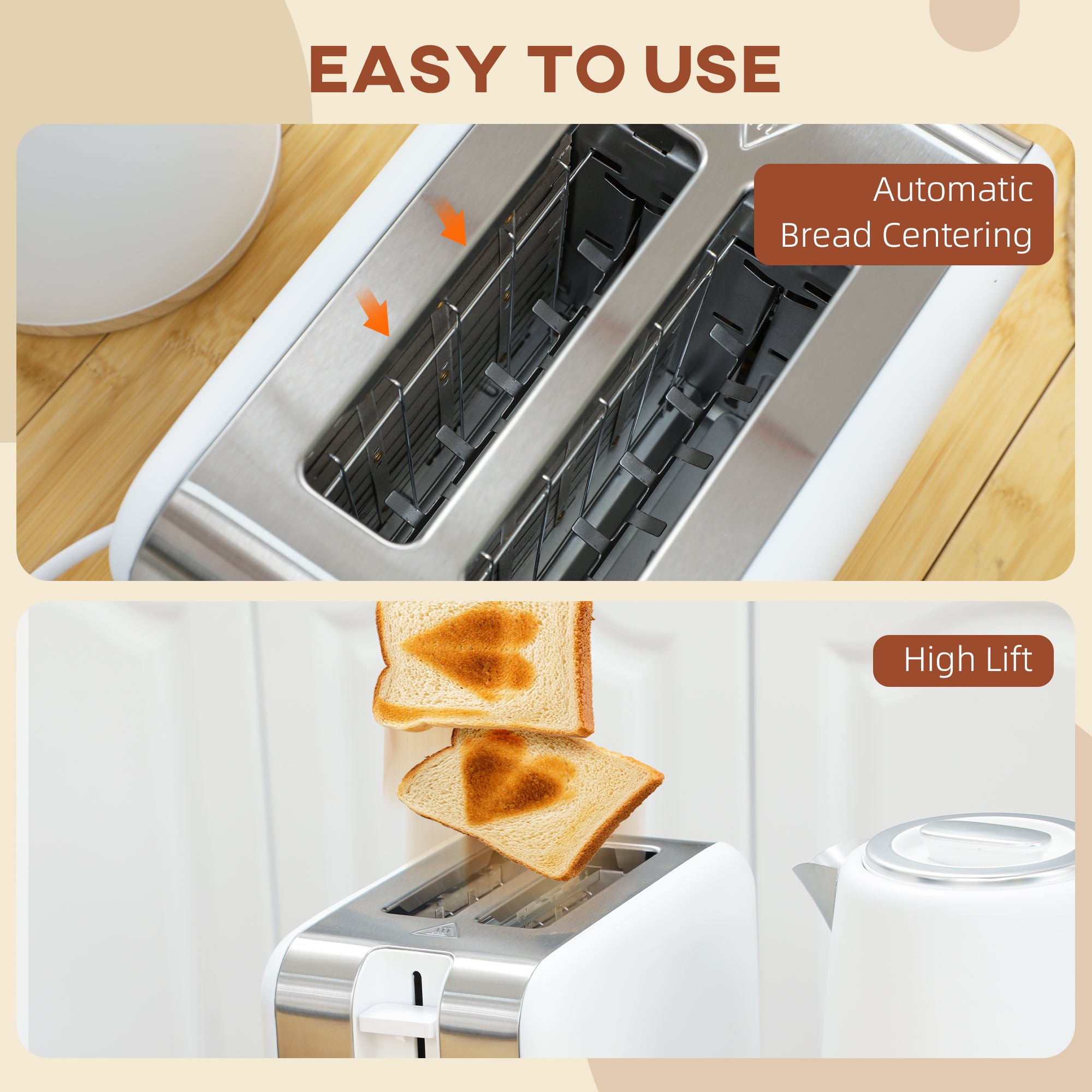 HOMCOM Kettle and Toaster Set, 1.7L 3000W Fast Boil Kettle & 2 Slice Toaster Kitchen Set with 7 Level Browning Controls, Defrost, Reheat, Auto Off, Boil-dry Protection, White - North Peak Garden Furniture